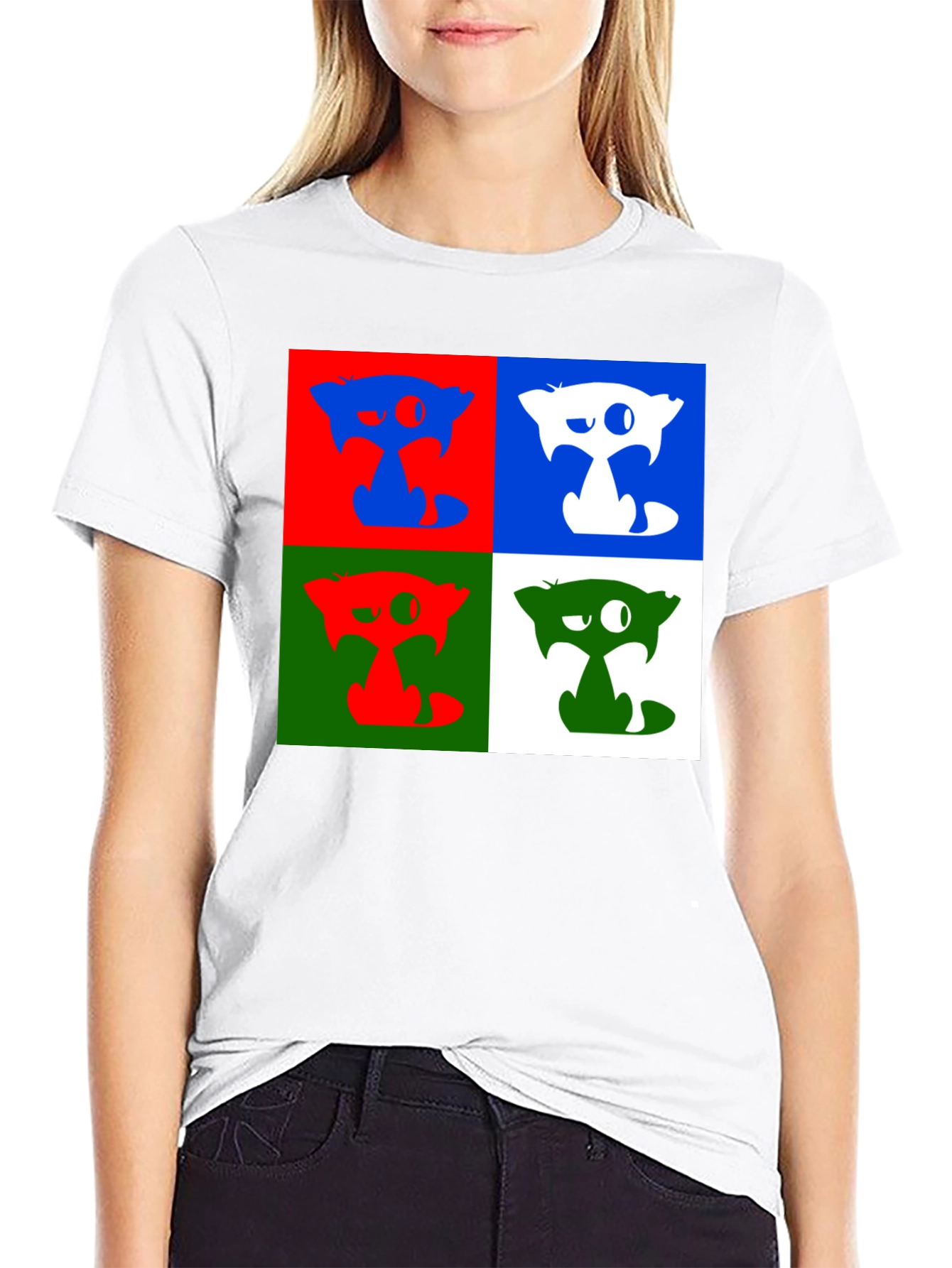 Pop Art Cat Graphic Black T-Shirt