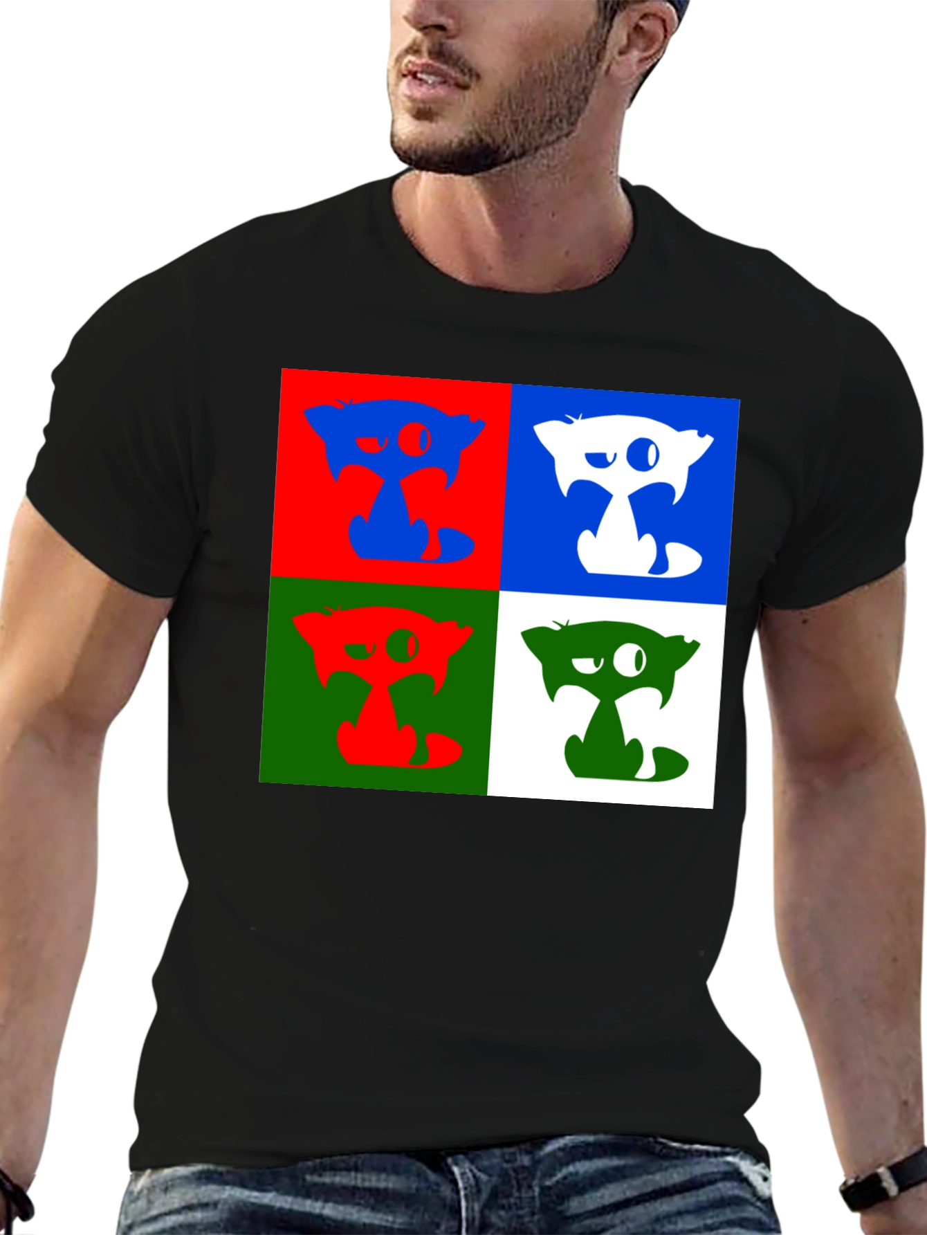 Pop Art Cat Graphic Black T-Shirt