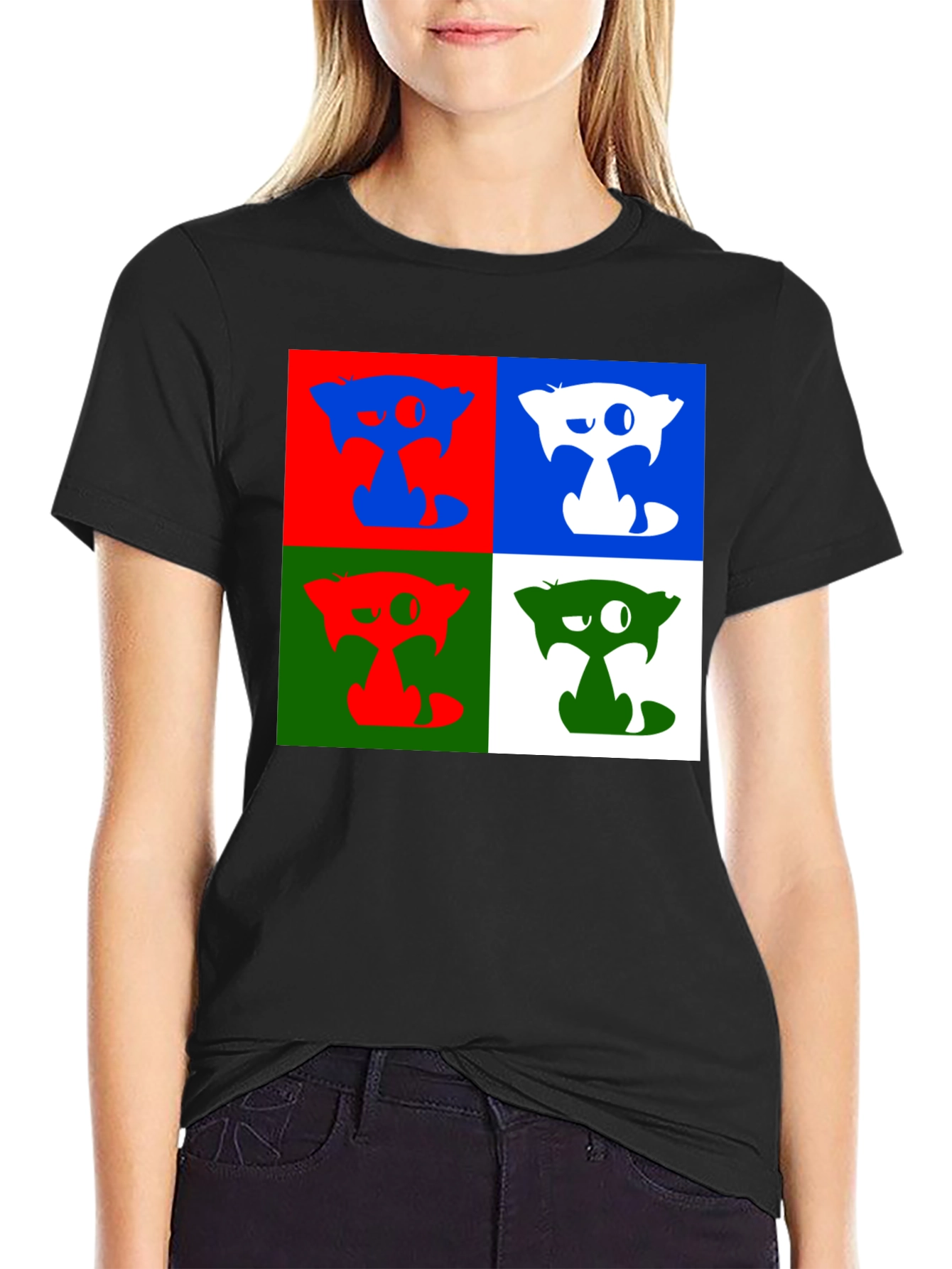 Pop Art Cat Graphic Black T-Shirt