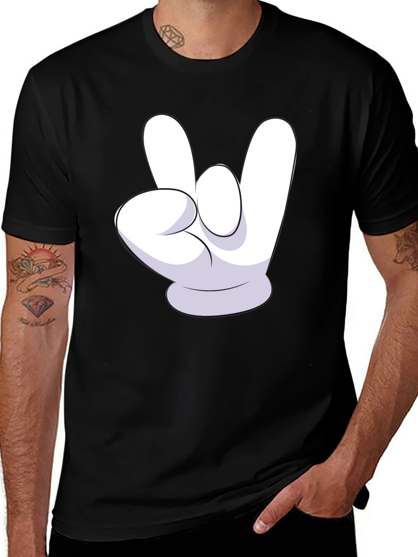Rock On Mickey Mouse Hand Black T-Shirt