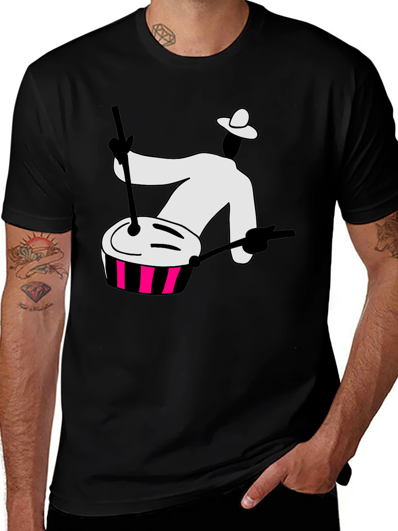 Black Graphic T-Shirt with Drummer Design