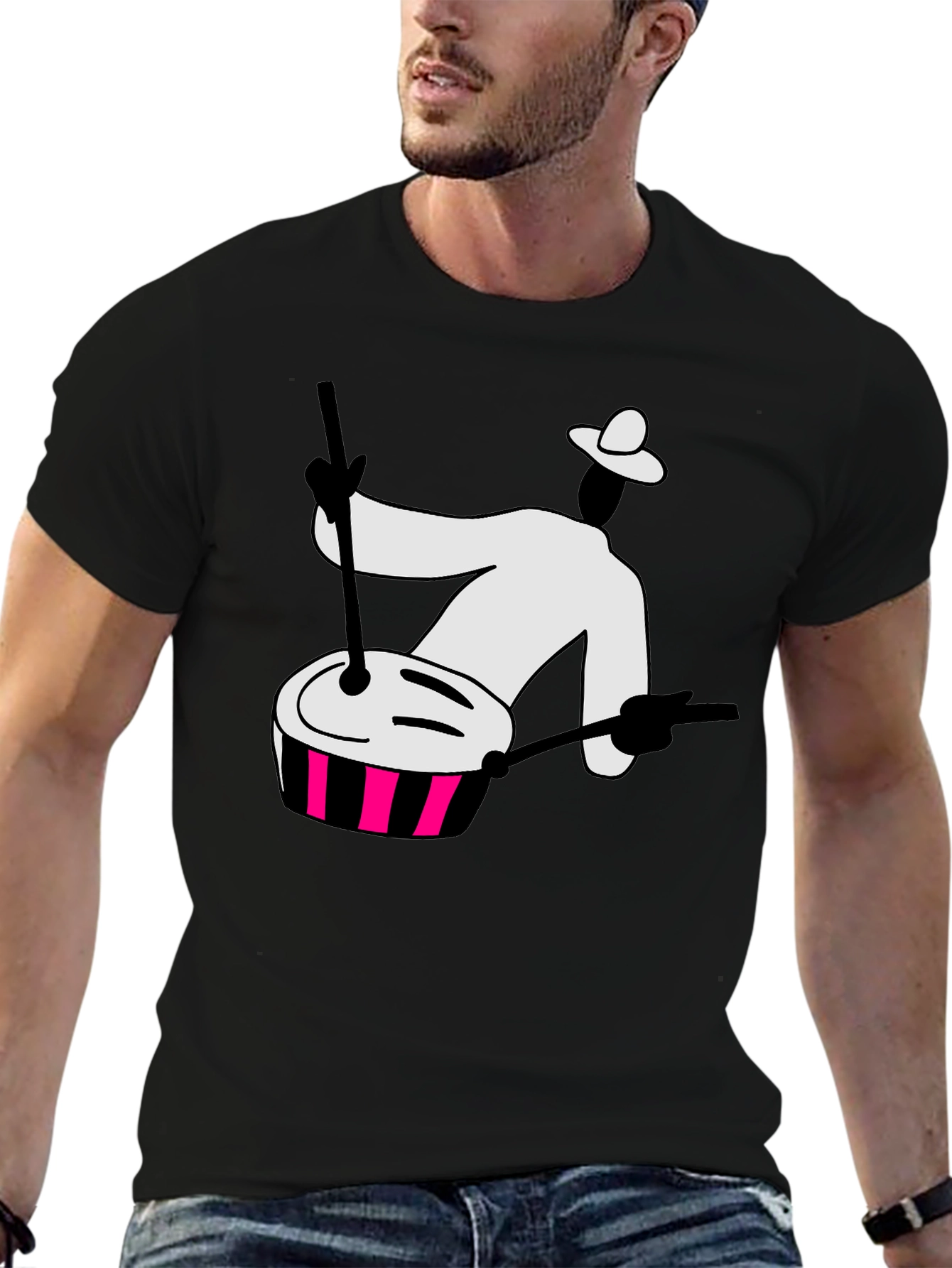 Black Graphic T-Shirt with Drummer Design