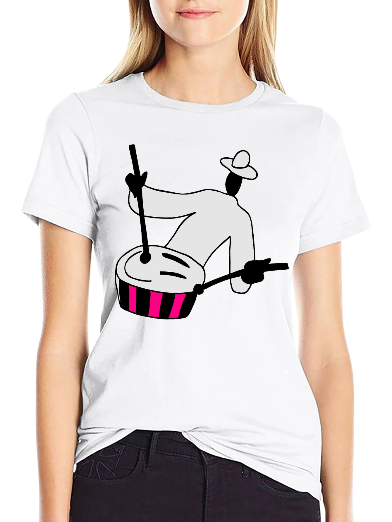Black Graphic T-Shirt with Drummer Design