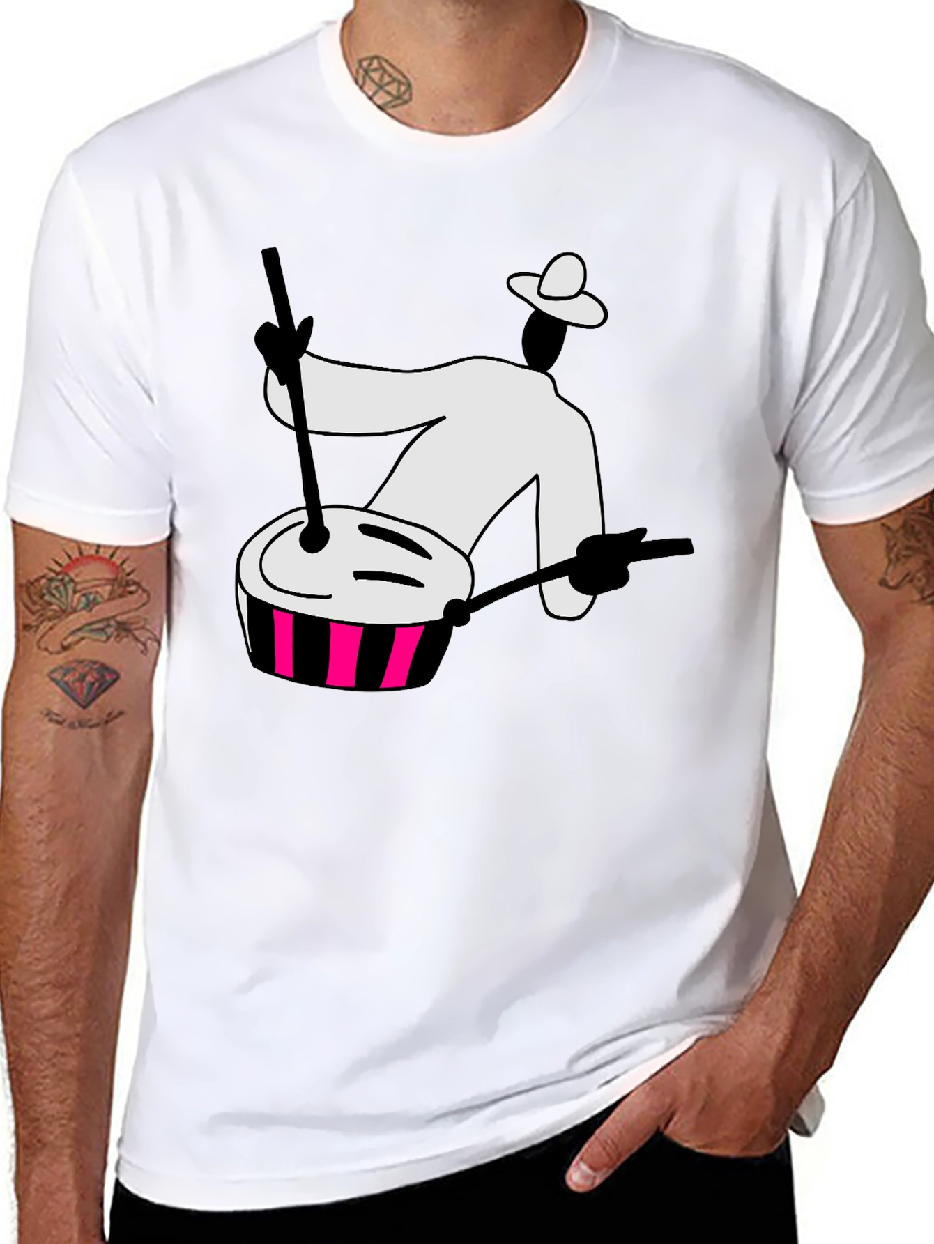 Black Graphic T-Shirt with Drummer Design