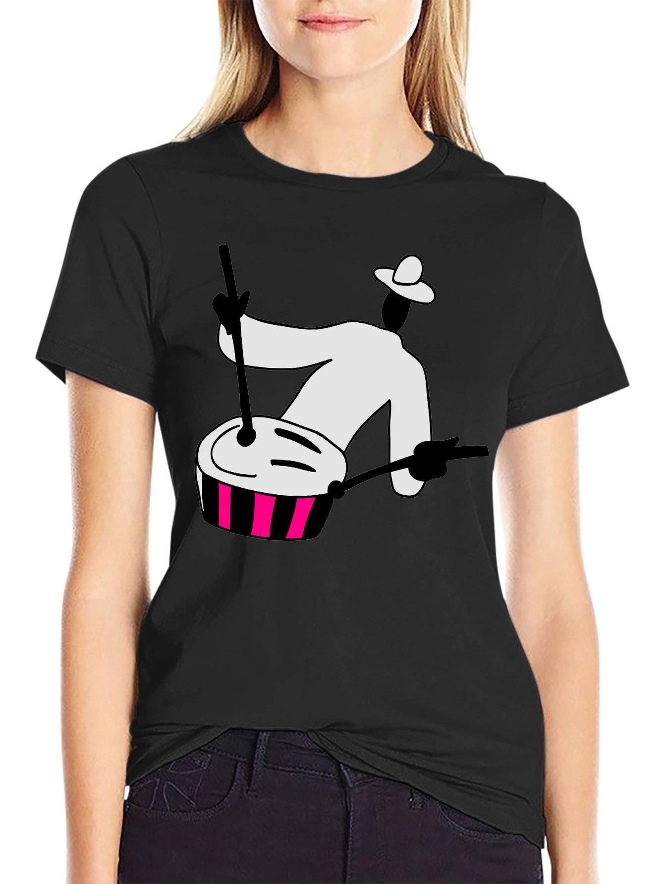 Black Graphic T-Shirt with Drummer Design