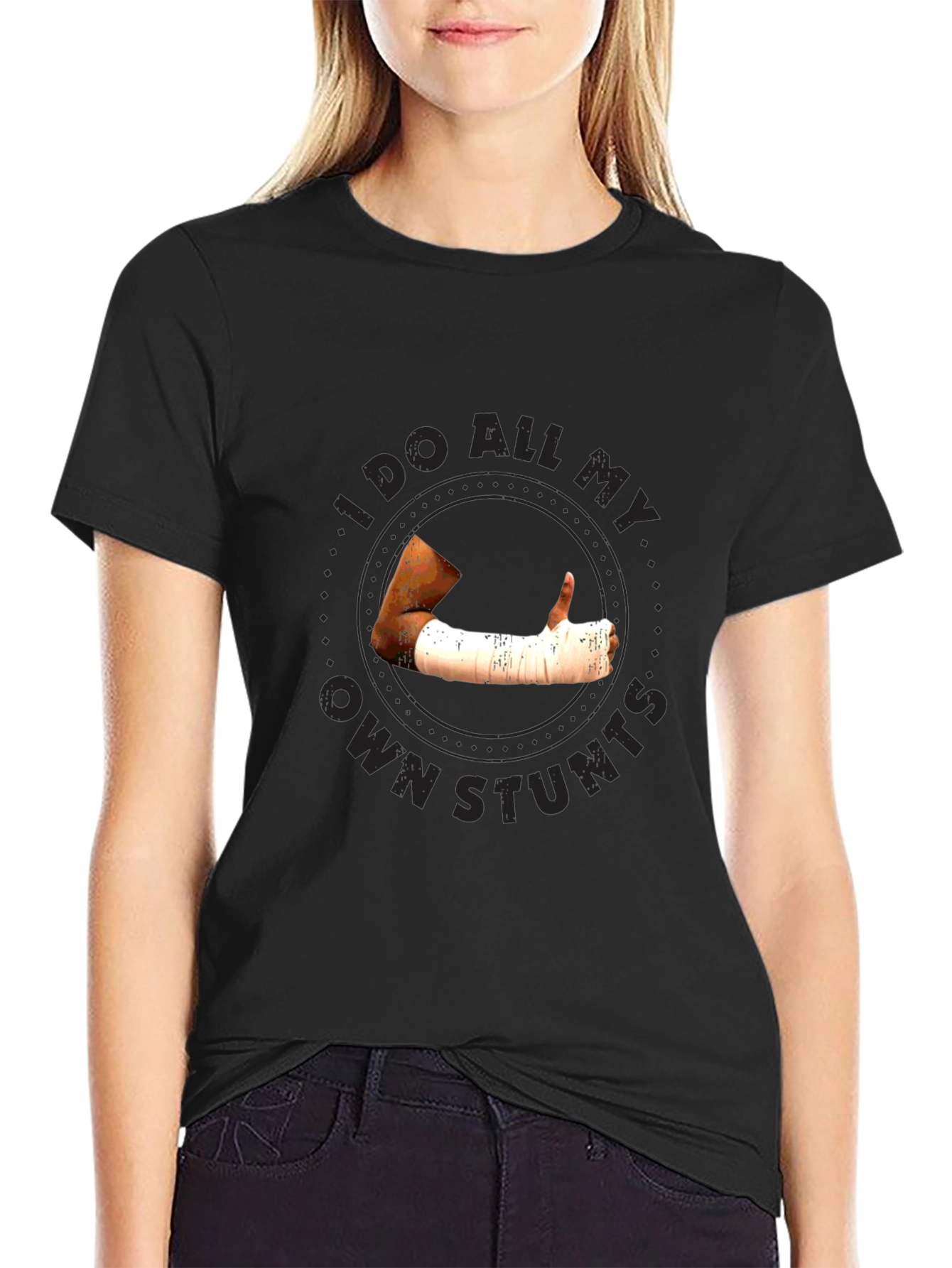 I Do All My Own Stunts Black Graphic Tee