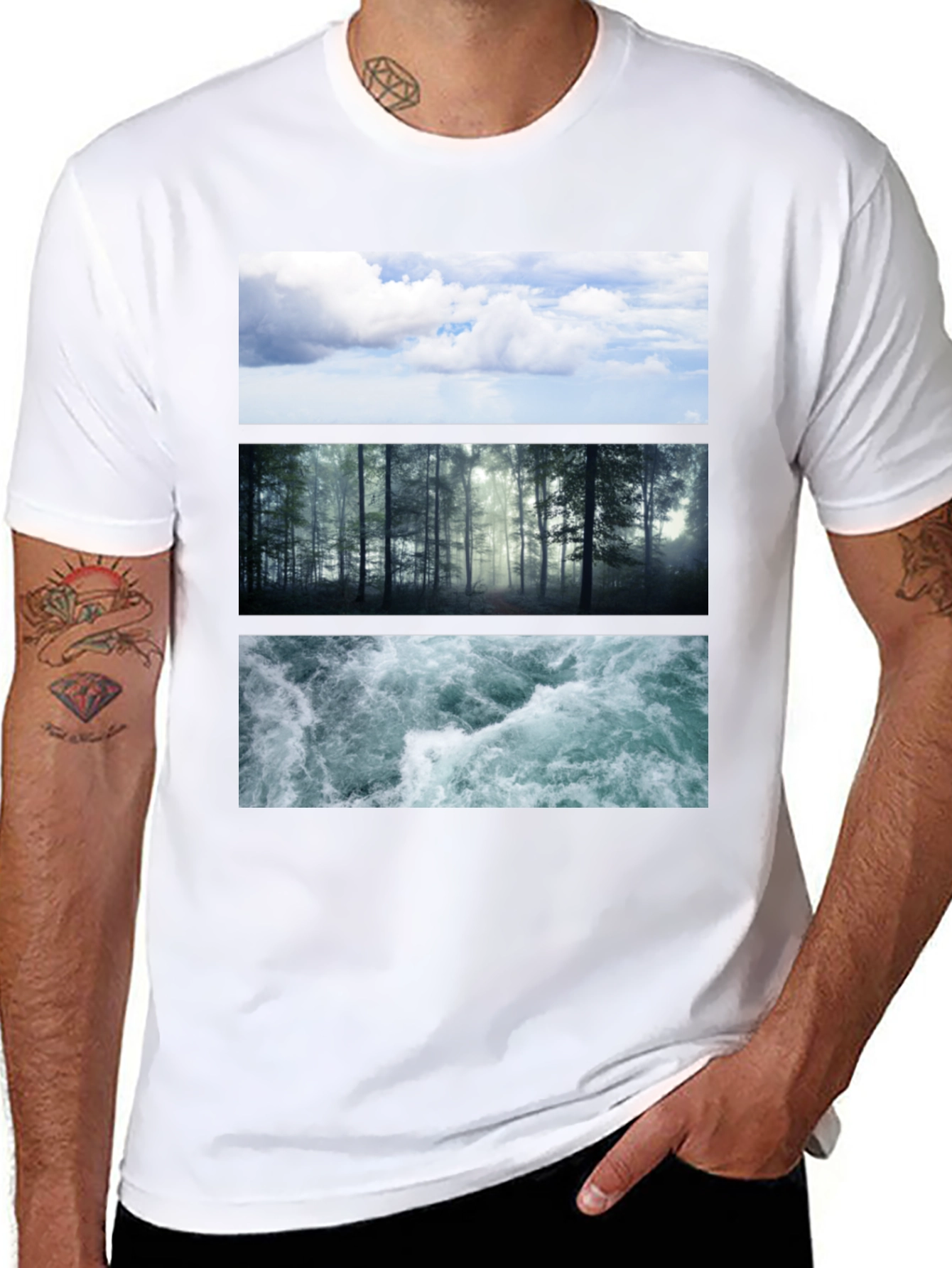 Nature Collage T-Shirt: Sky Forest Water Graphic Tee