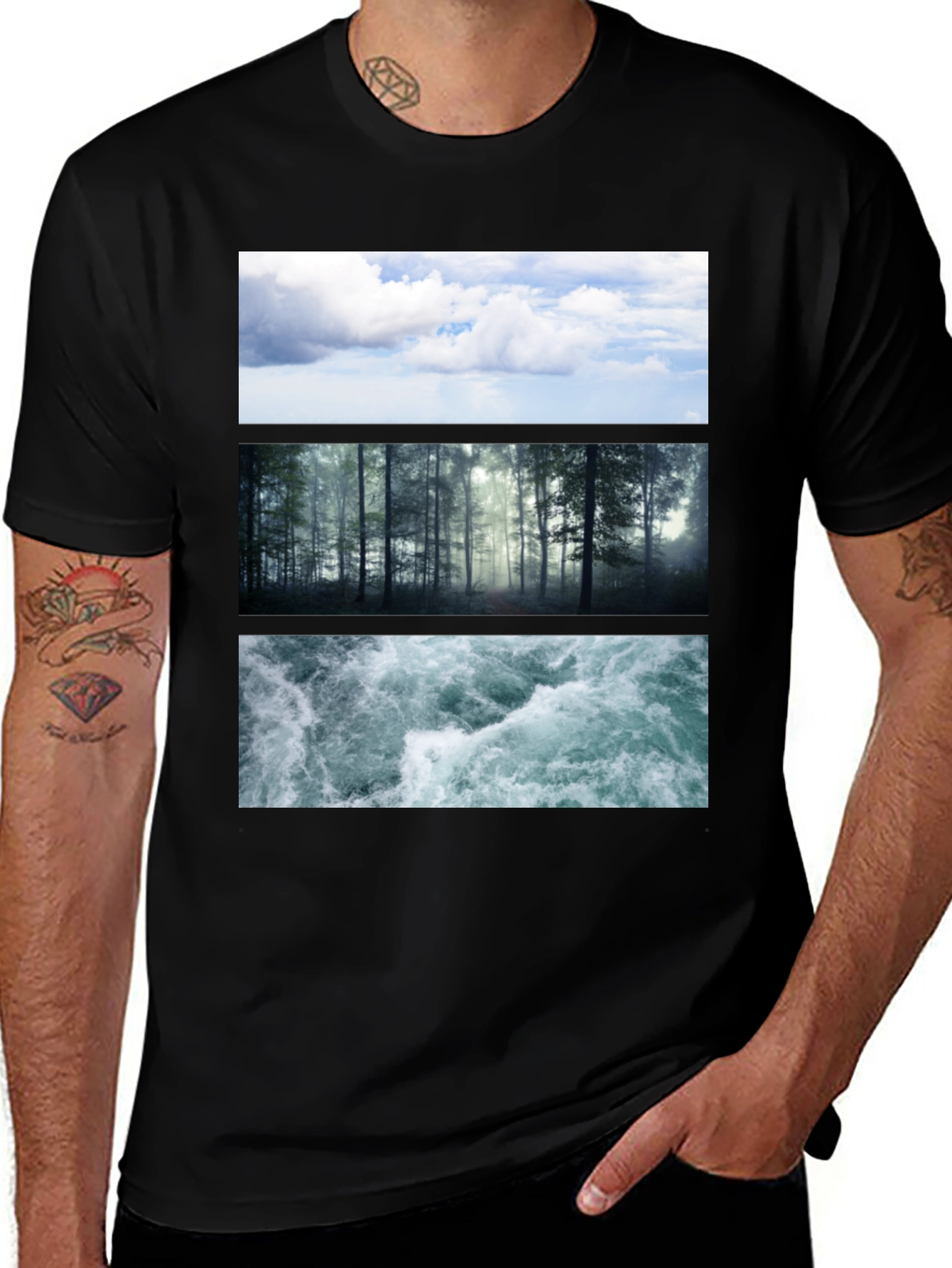 Nature Collage T-Shirt: Sky Forest Water Graphic Tee