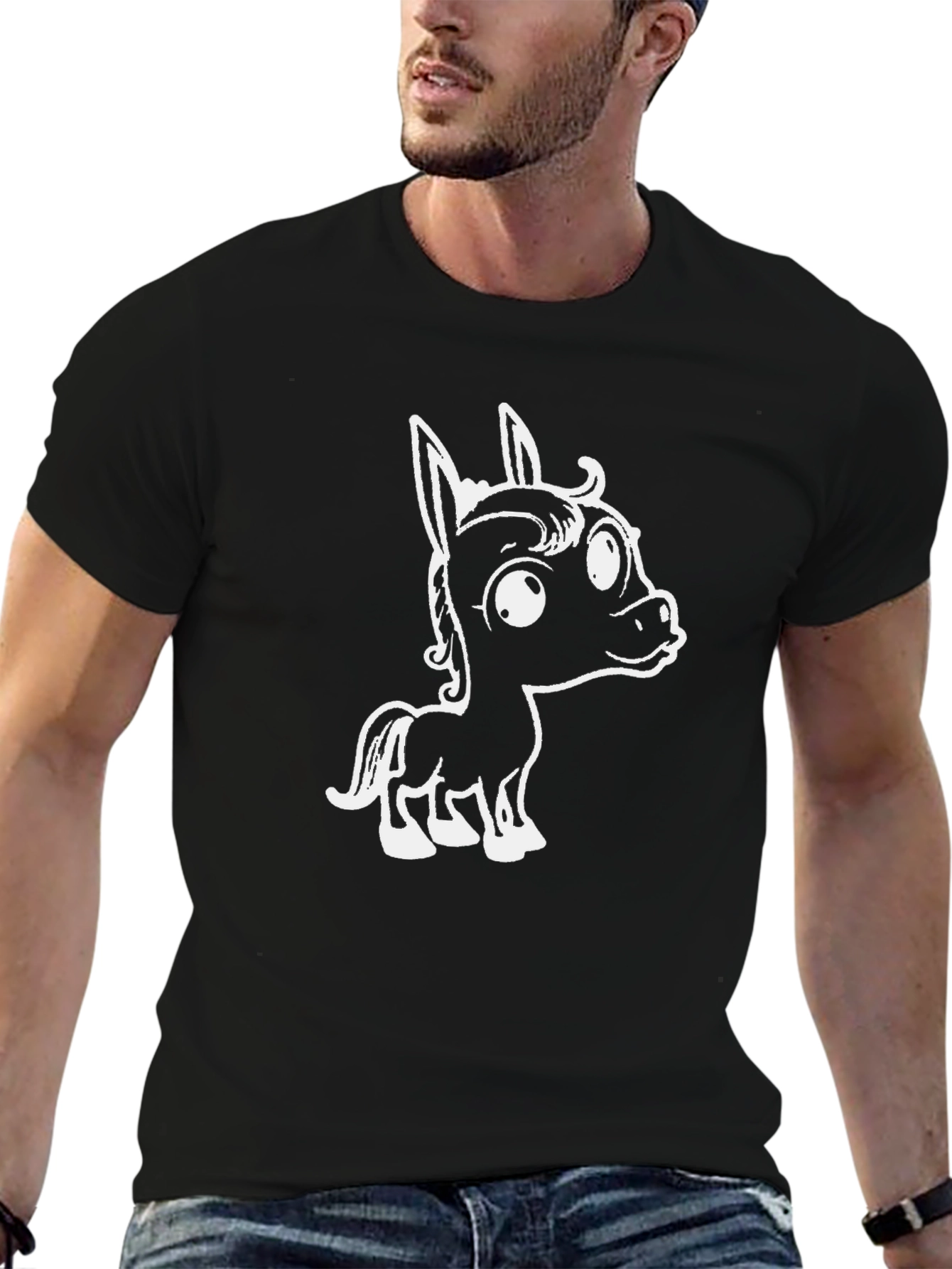 Cartoon Horse Graphic Tee - Black