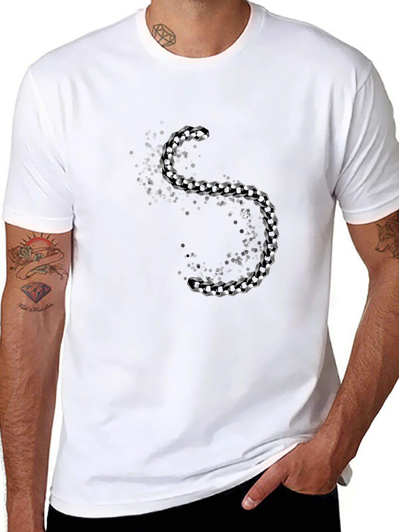 Mens Black T-Shirt with Silver Chain S Design