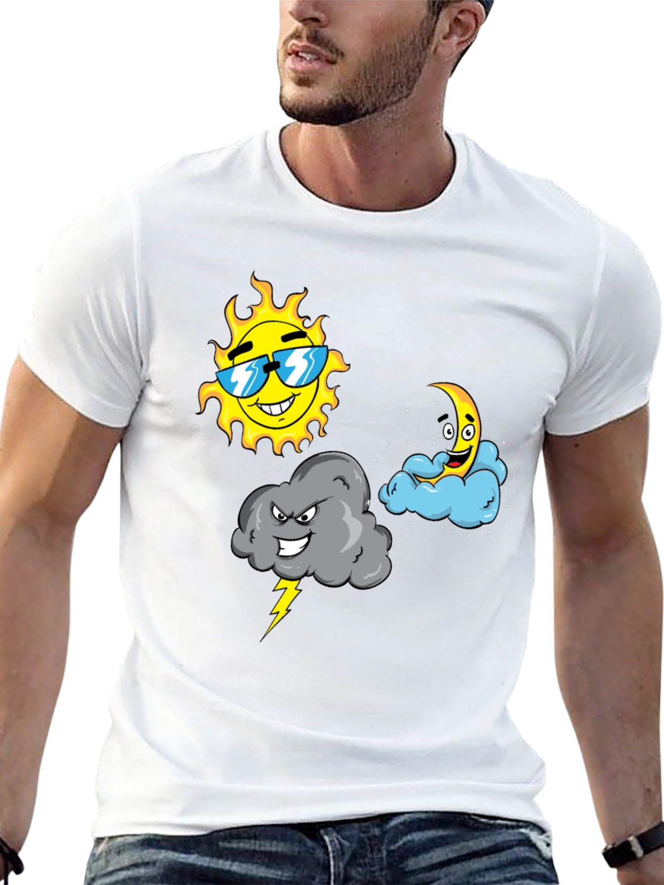 Weather Cartoon T-Shirt - Sun Moon & Storm