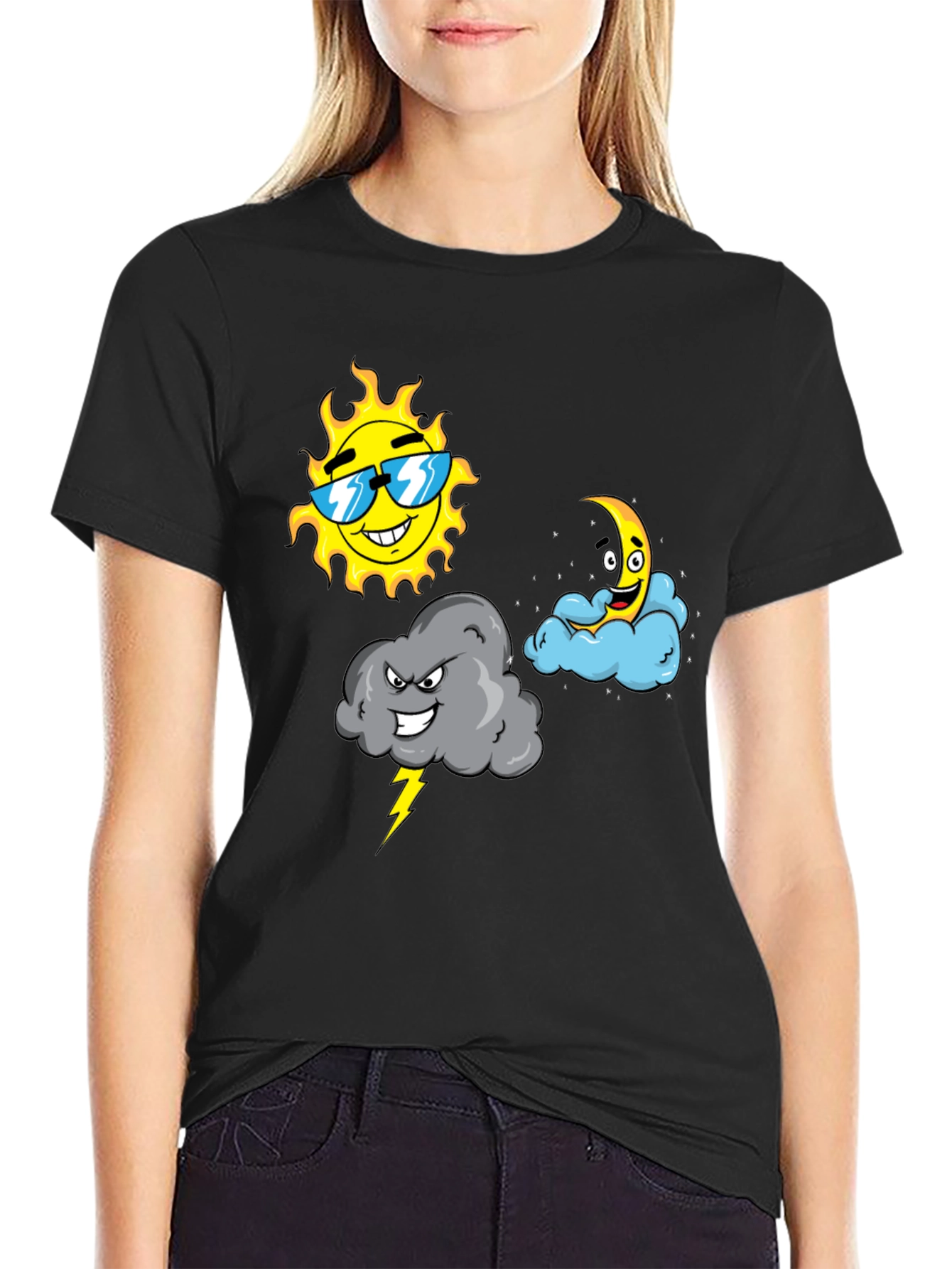 Weather Cartoon T-Shirt - Sun Moon & Storm