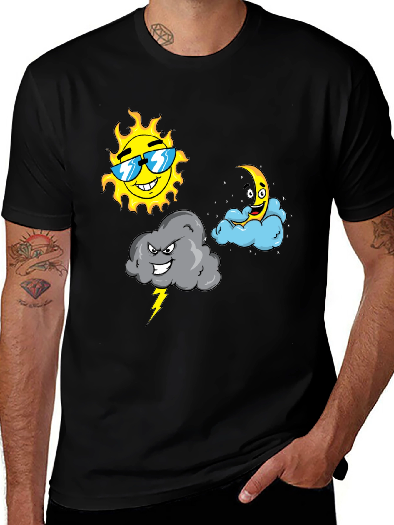Weather Cartoon T-Shirt - Sun Moon & Storm