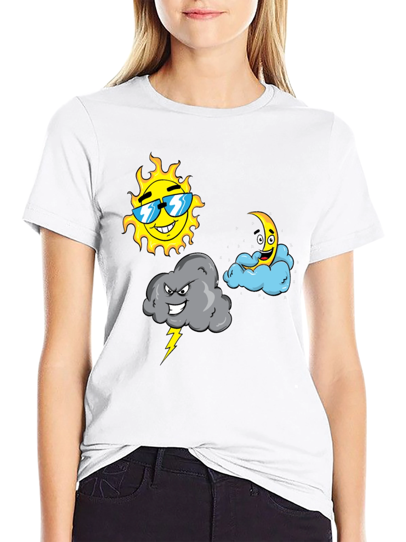 Weather Cartoon T-Shirt - Sun Moon & Storm