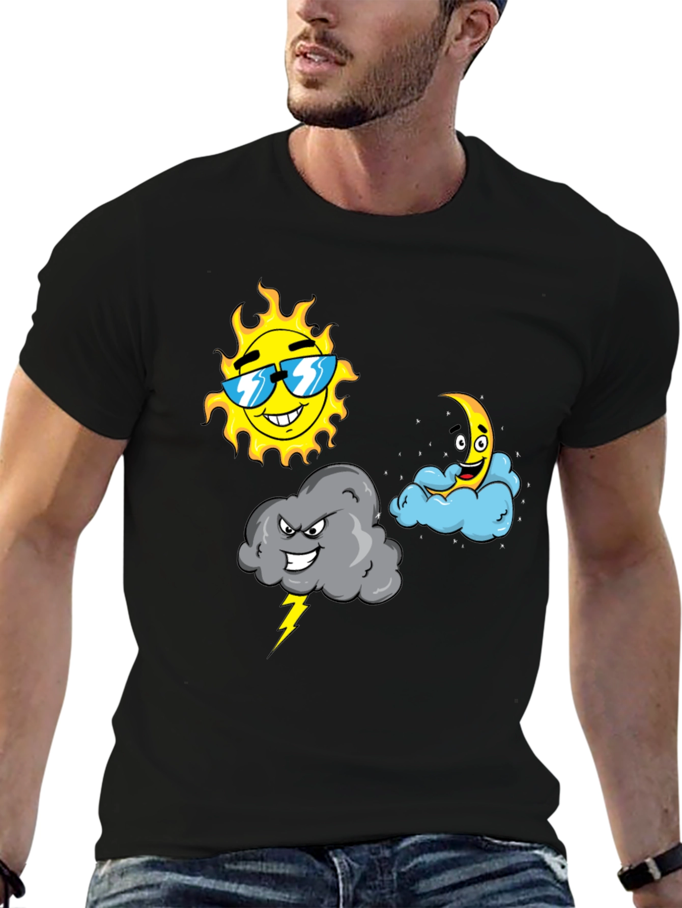 Weather Cartoon T-Shirt - Sun Moon & Storm