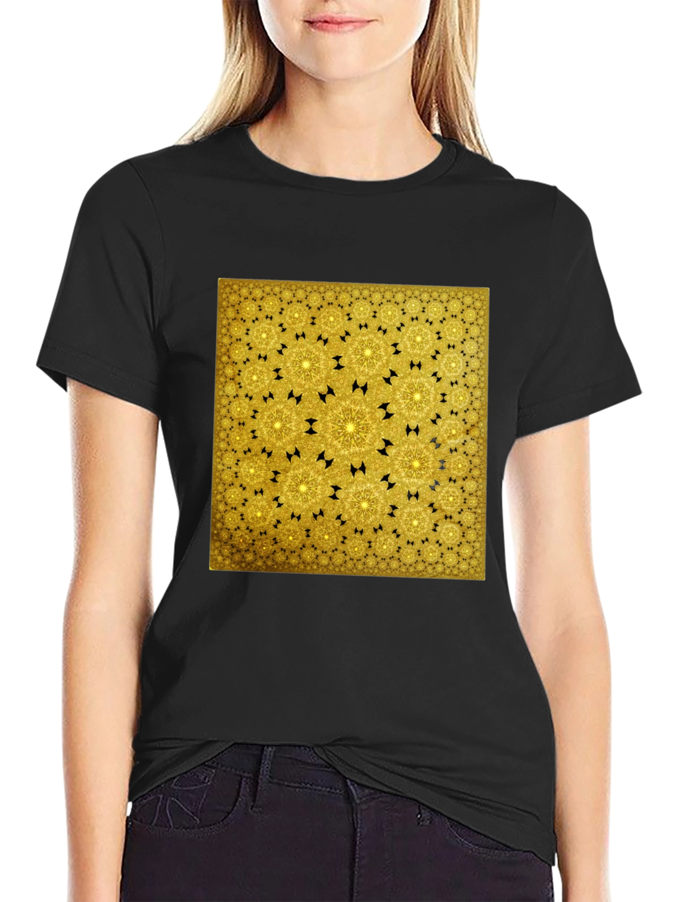 Golden Fractal Pattern Black T-Shirt