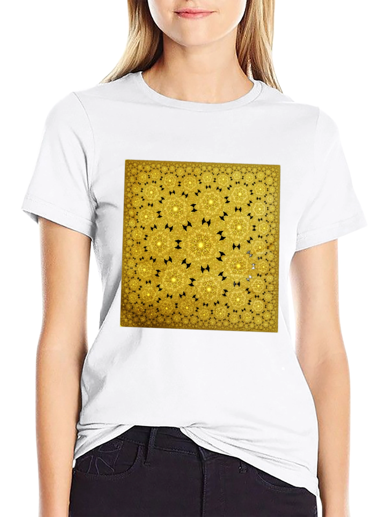 Golden Fractal Pattern Black T-Shirt