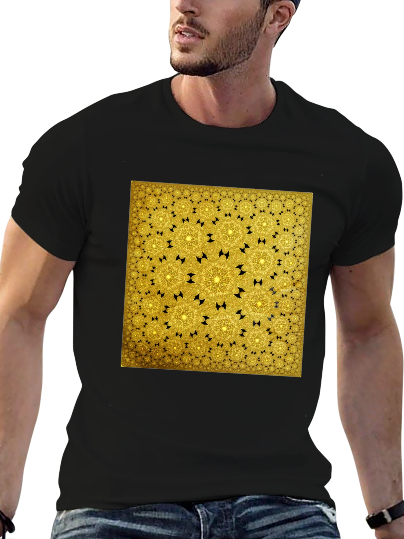 Golden Fractal Pattern Black T-Shirt