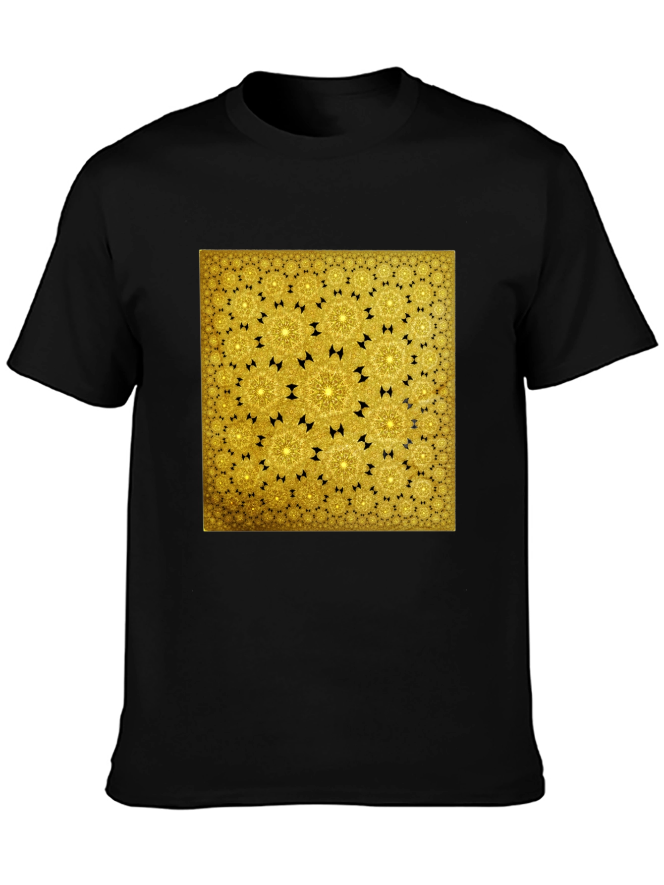 Golden Fractal Pattern Black T-Shirt