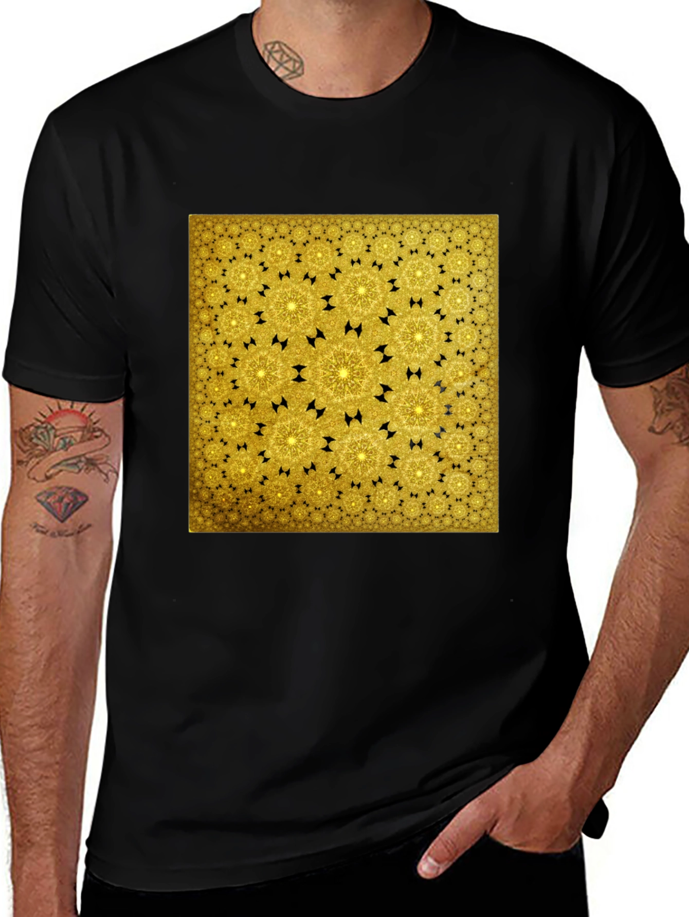 Golden Fractal Pattern Black T-Shirt