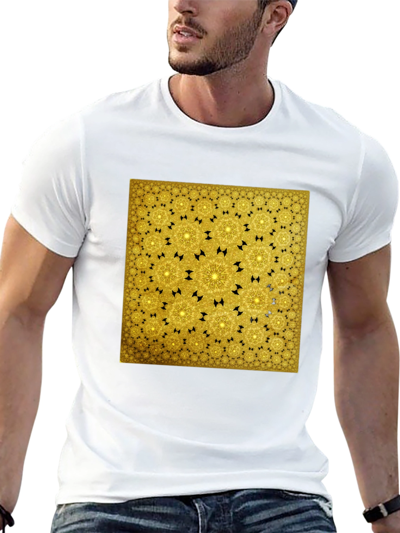 Golden Fractal Pattern Black T-Shirt