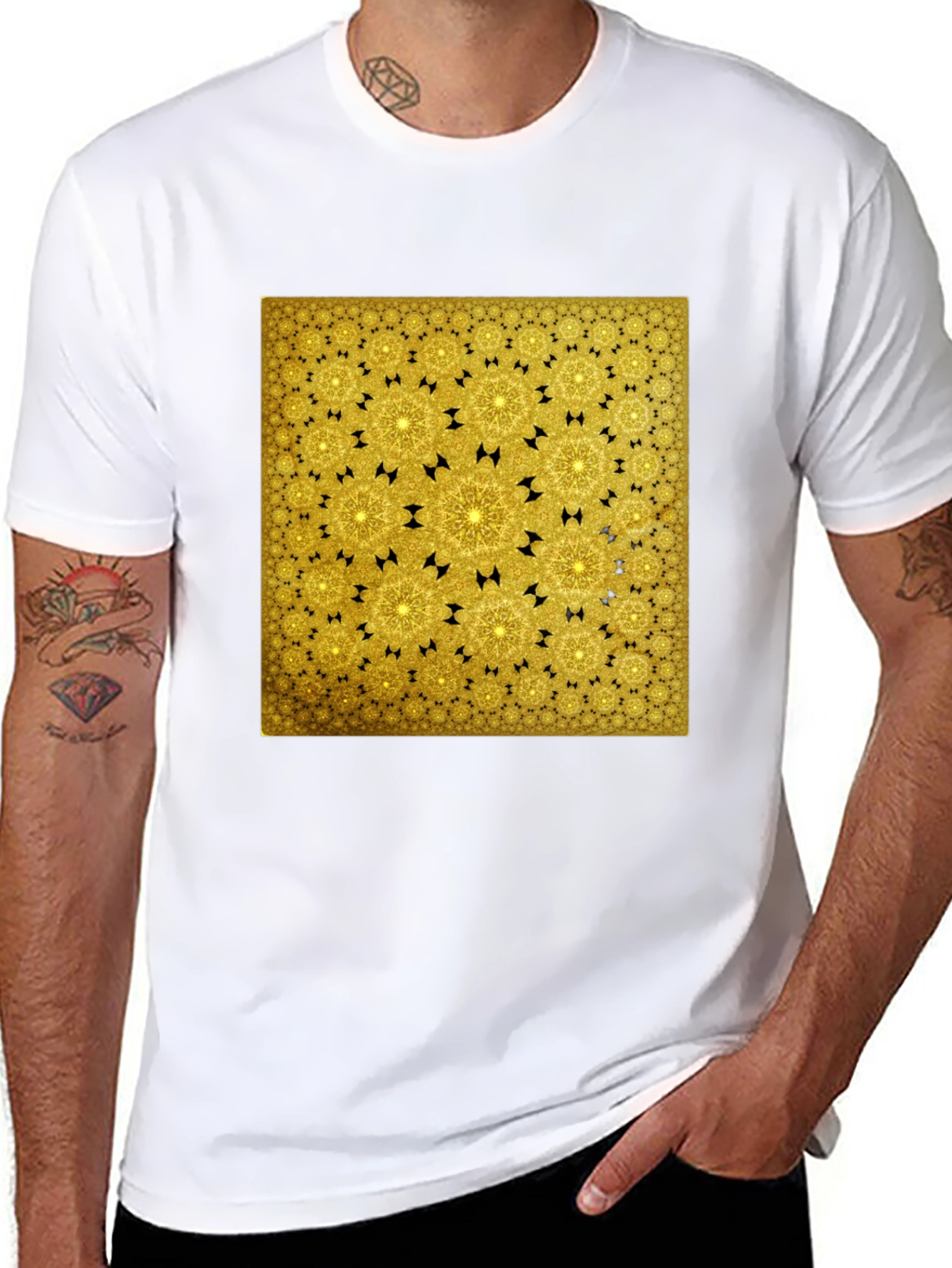 Golden Fractal Pattern Black T-Shirt