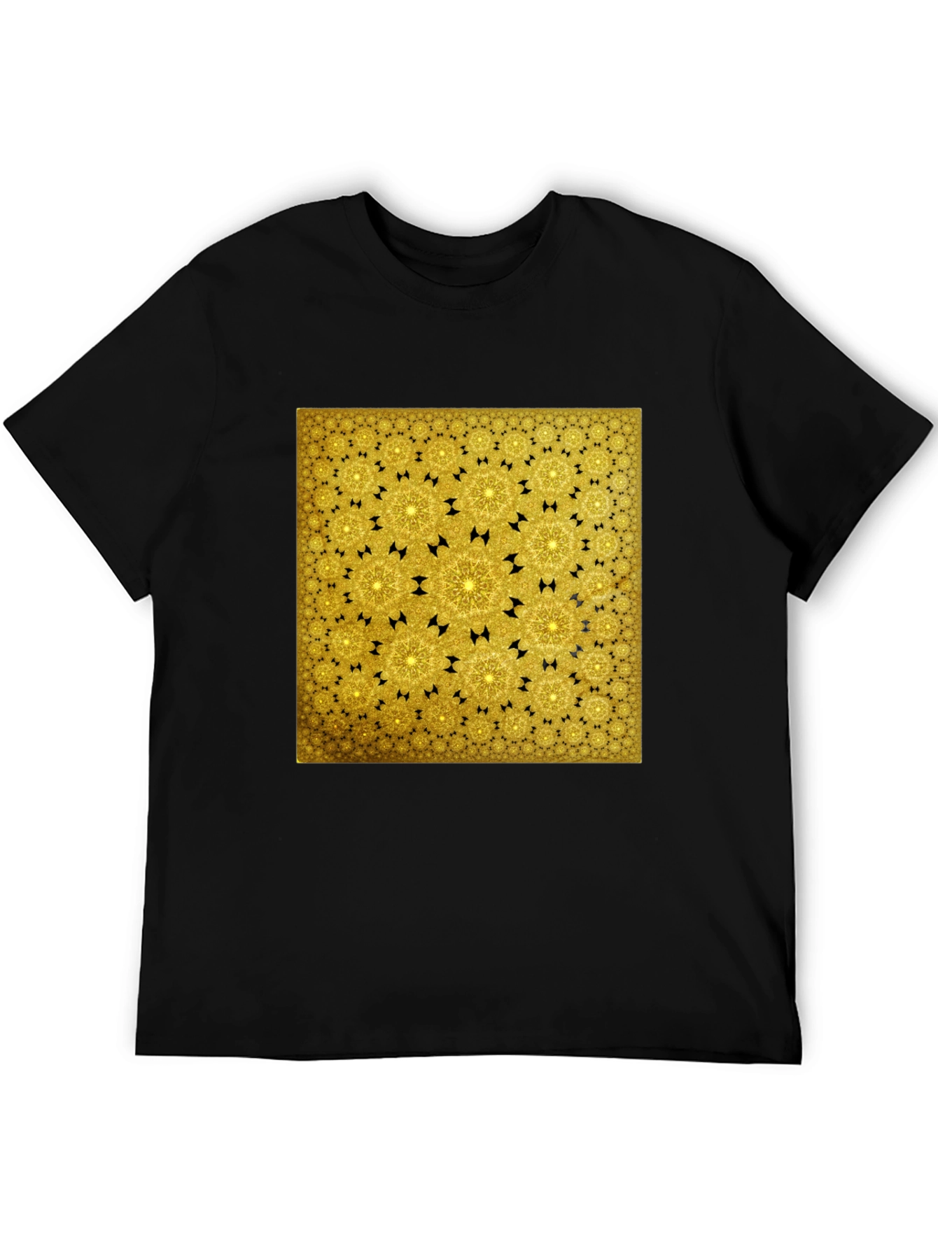 Golden Fractal Pattern Black T-Shirt