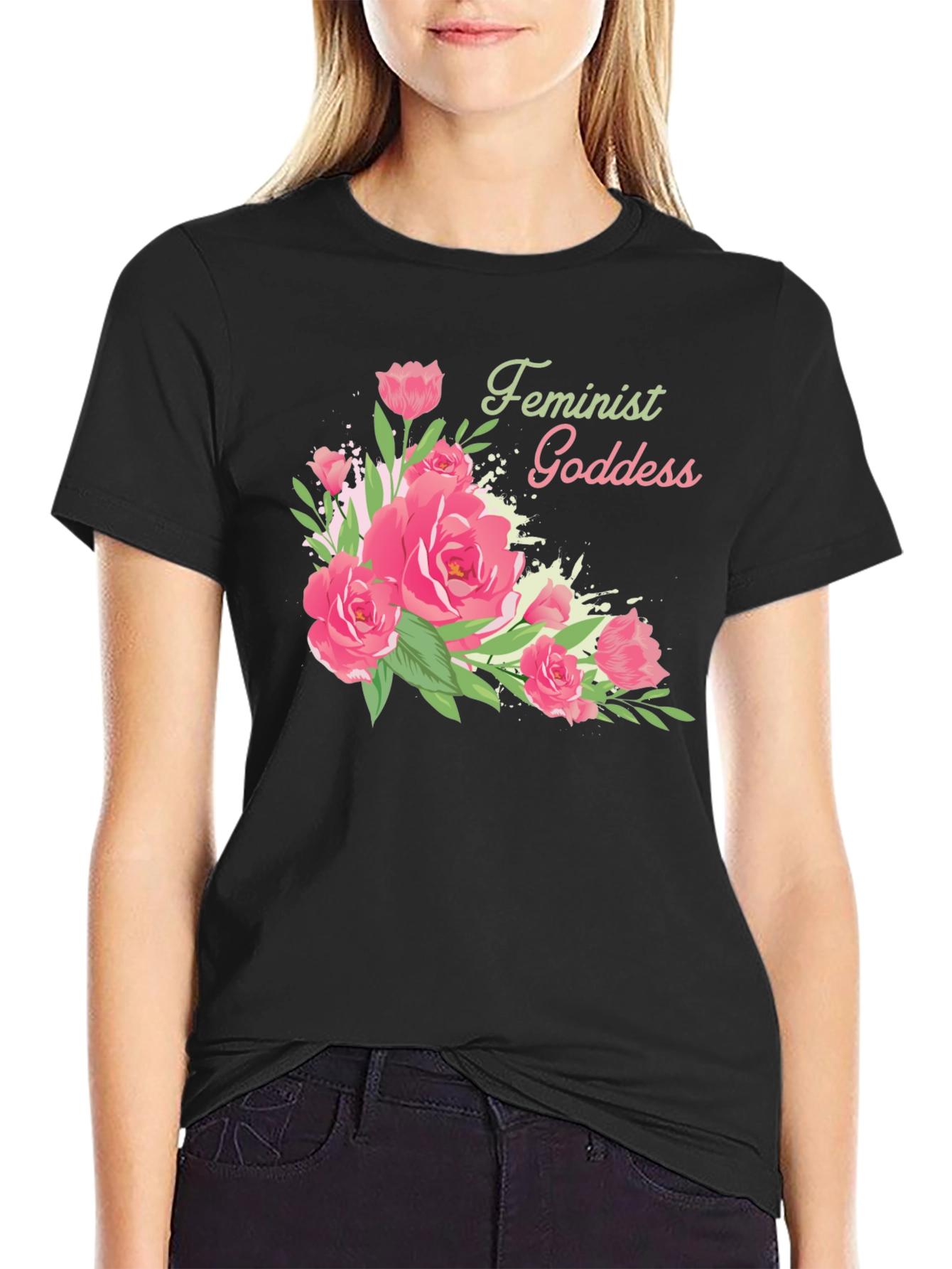 Feminist Goddess Floral Black T-Shirt
