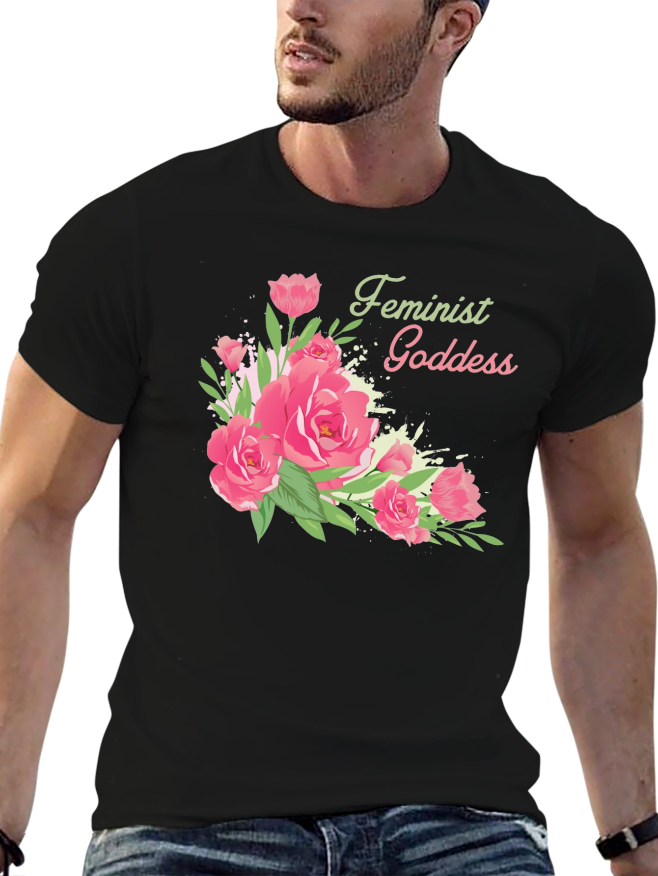 Feminist Goddess Floral Black T-Shirt
