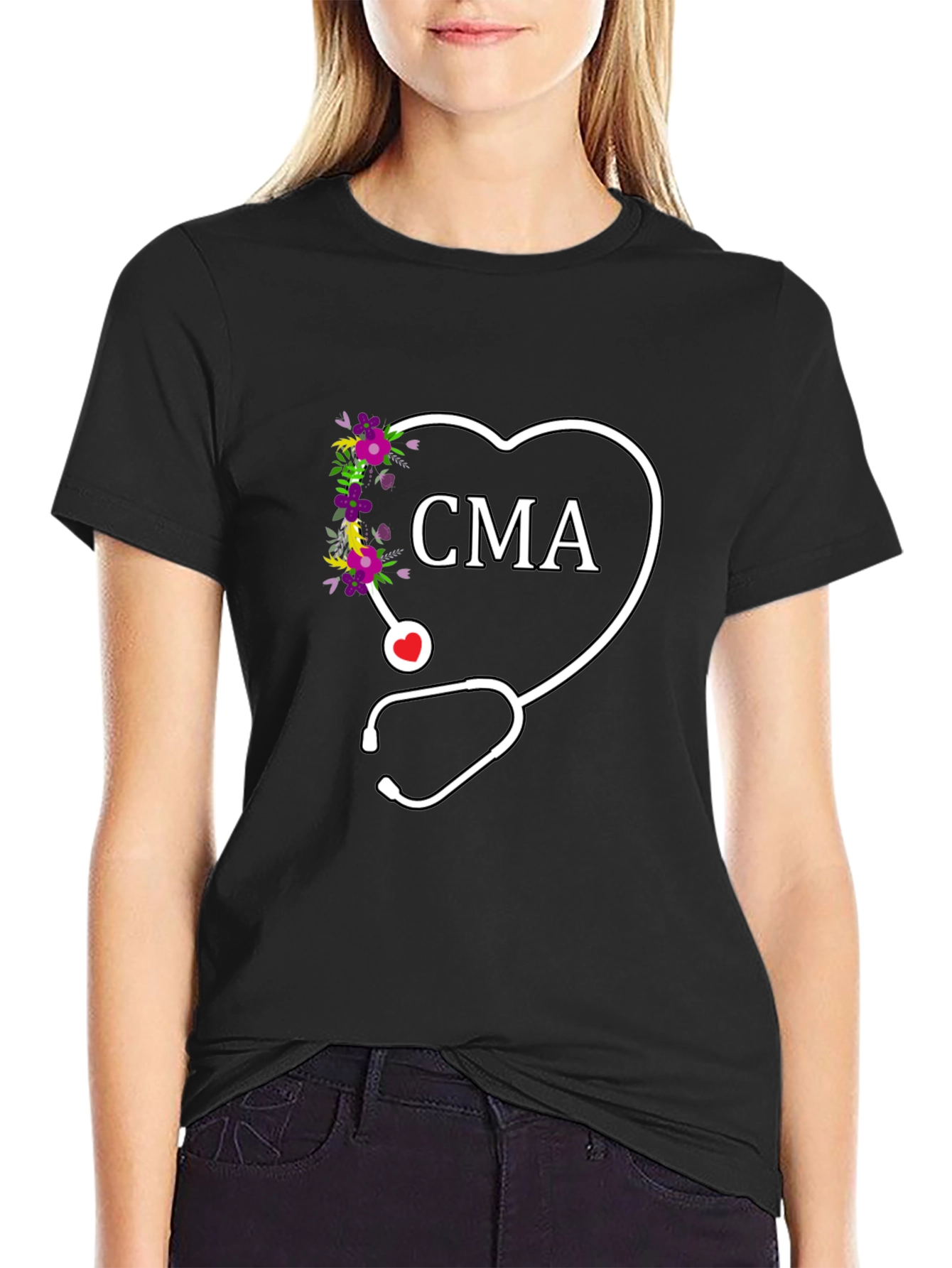 CMA Floral Heart Stethoscope Graphic Tee