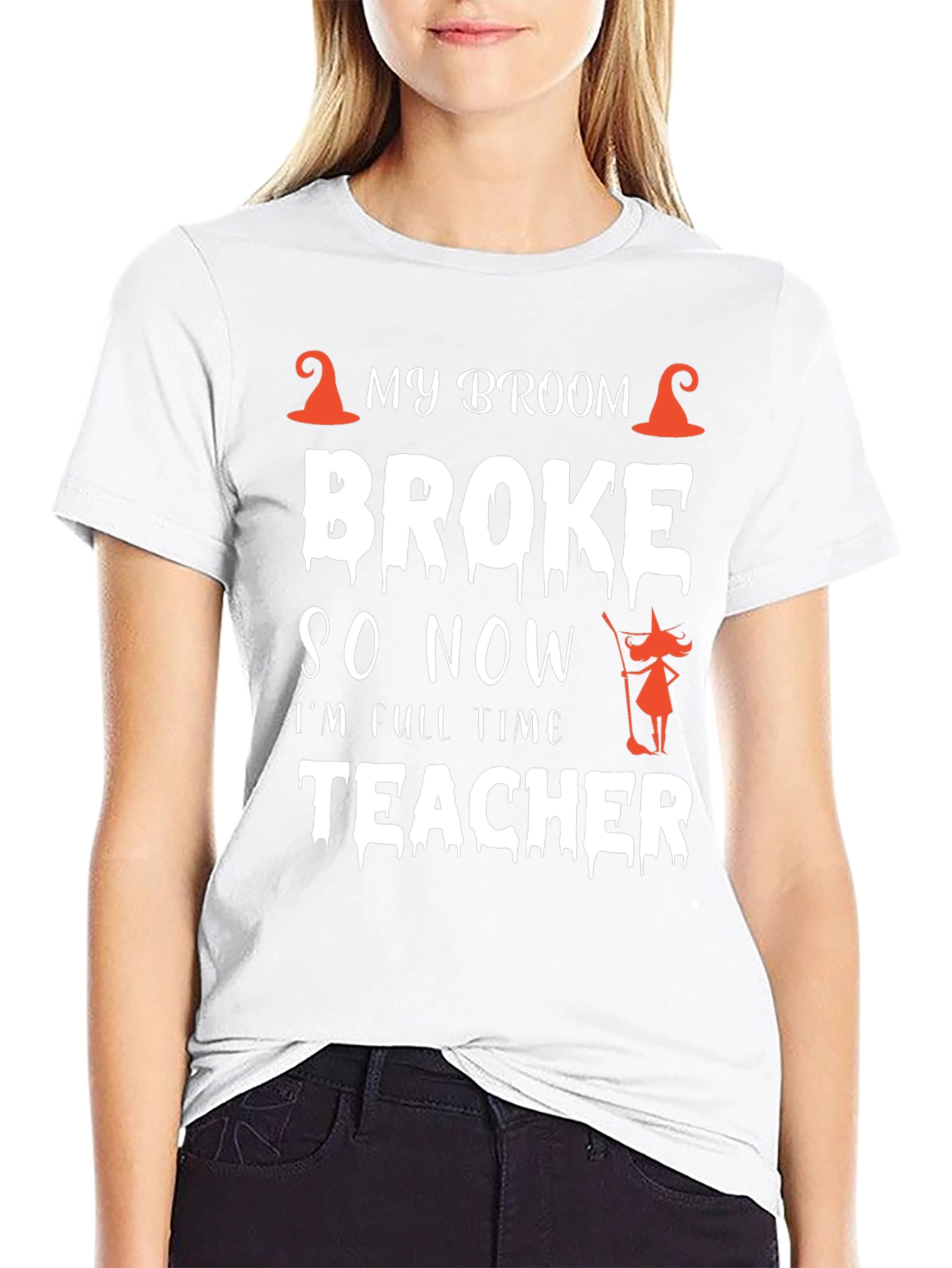 Funny Halloween Teacher T-Shirt My Broom Broke Tee