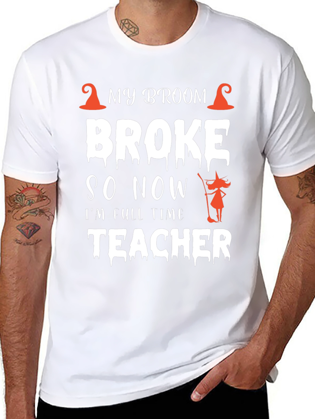 Funny Halloween Teacher T-Shirt My Broom Broke Tee