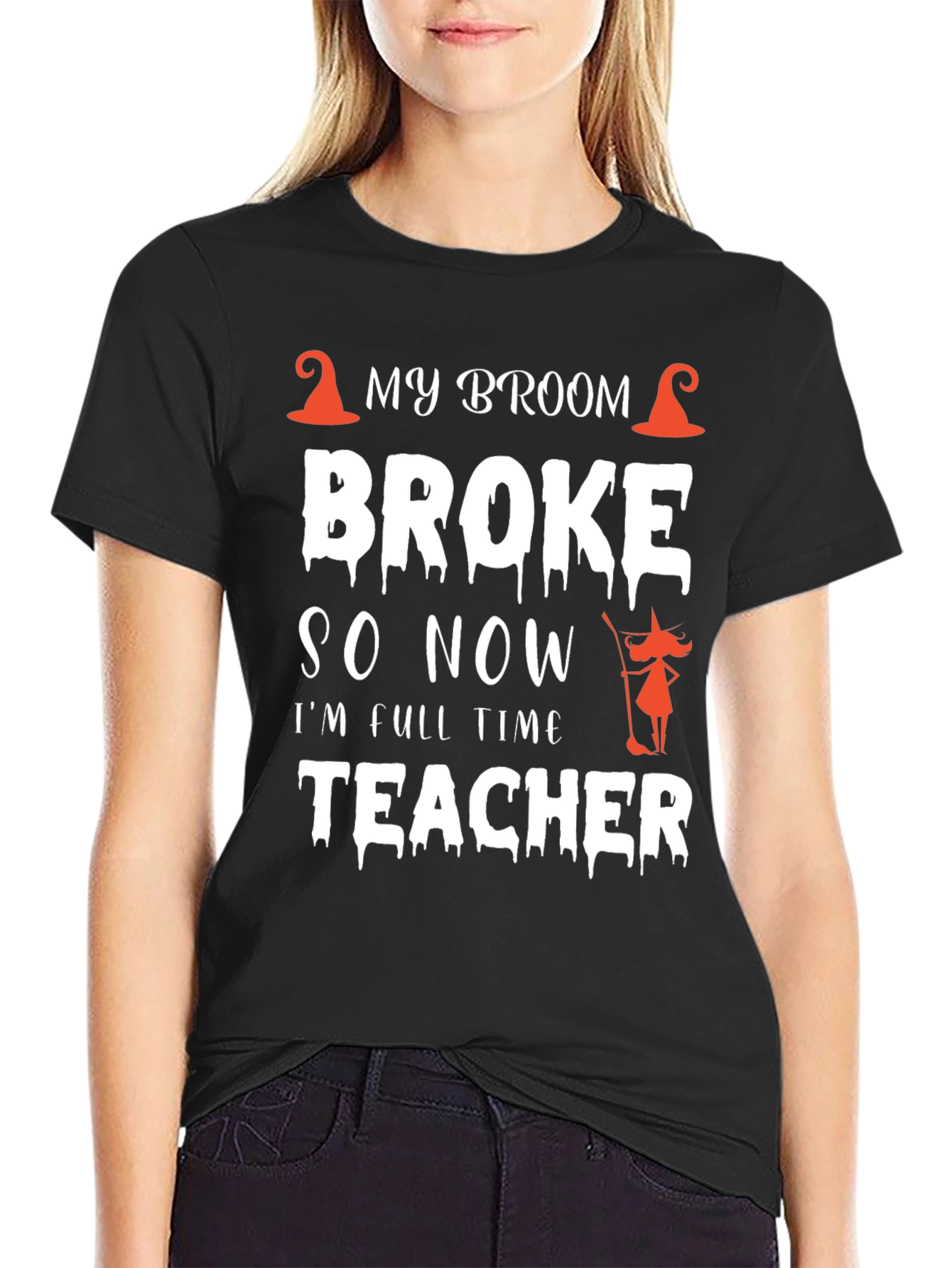 Funny Halloween Teacher T-Shirt My Broom Broke Tee