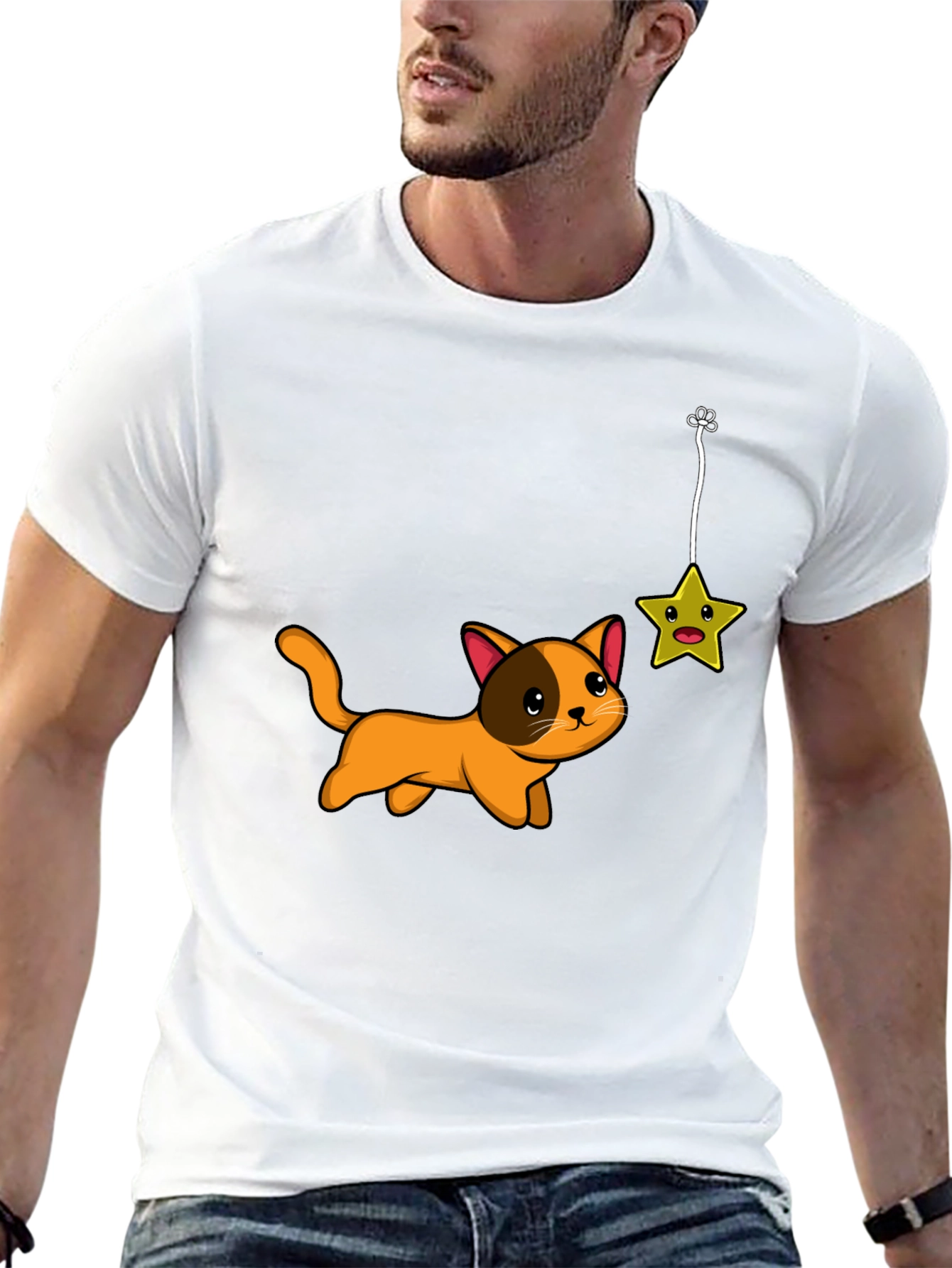 Cute Cat Chasing Star Graphic Tee