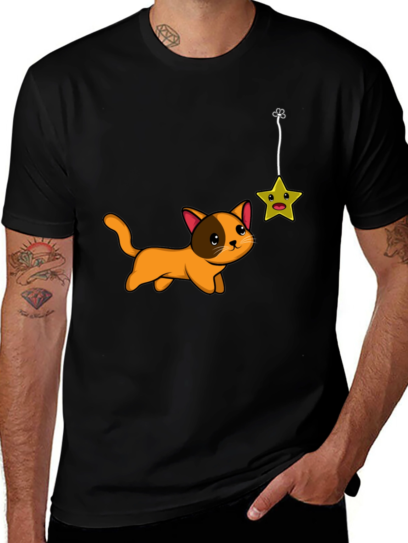 Cute Cat Chasing Star Graphic Tee