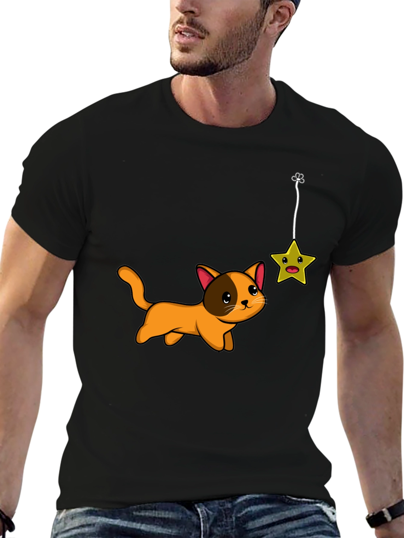 Cute Cat Chasing Star Graphic Tee