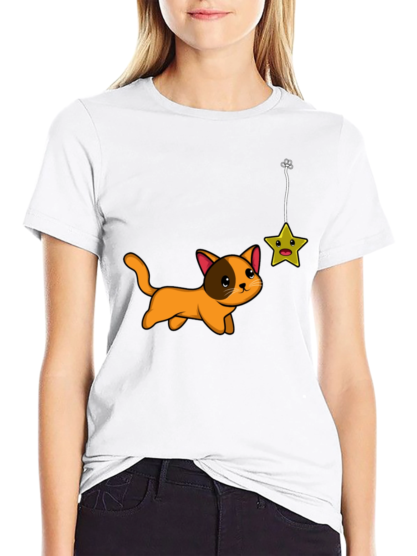 Cute Cat Chasing Star Graphic Tee
