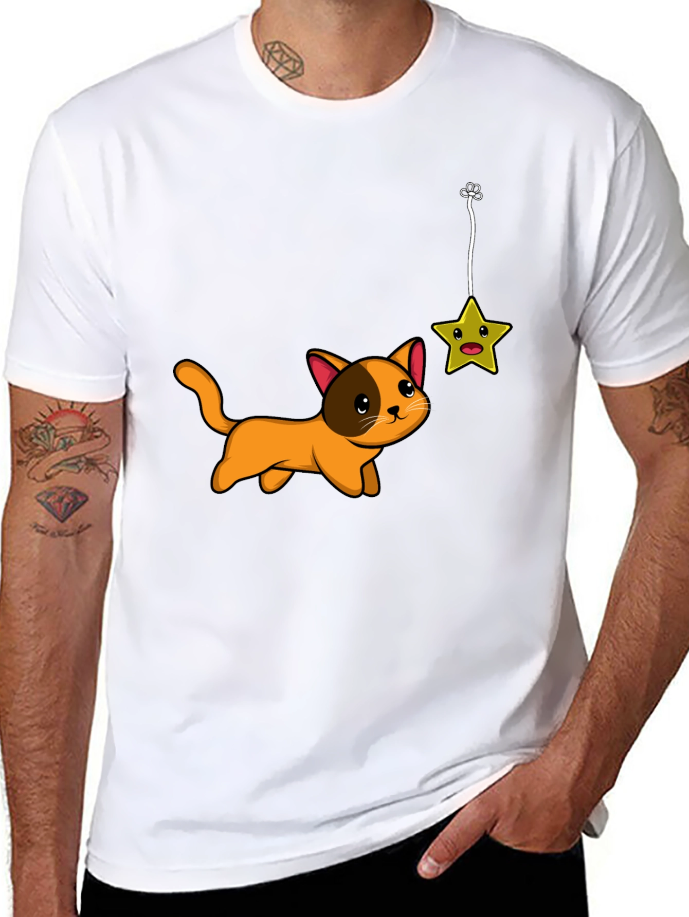 Cute Cat Chasing Star Graphic Tee