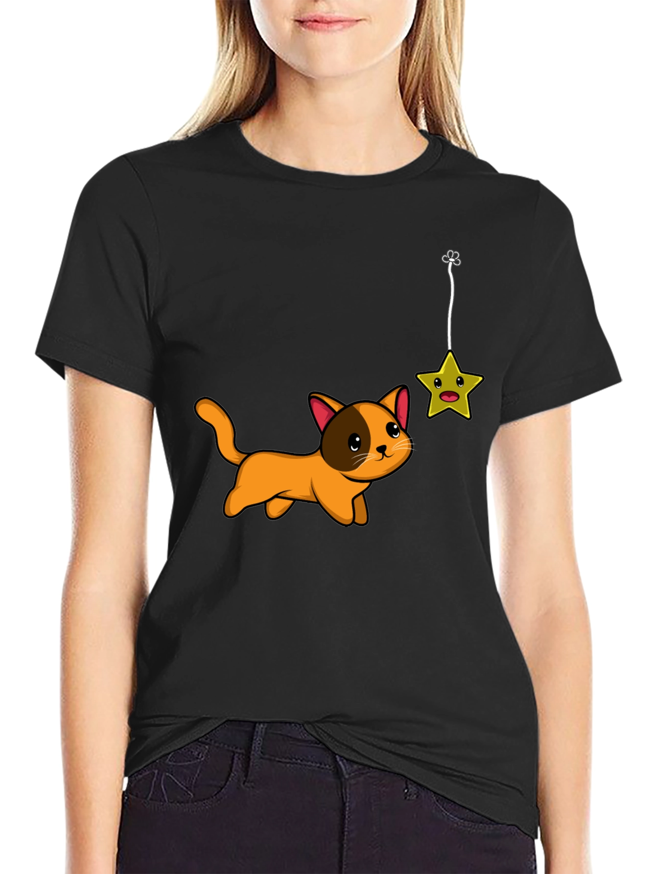 Cute Cat Chasing Star Graphic Tee