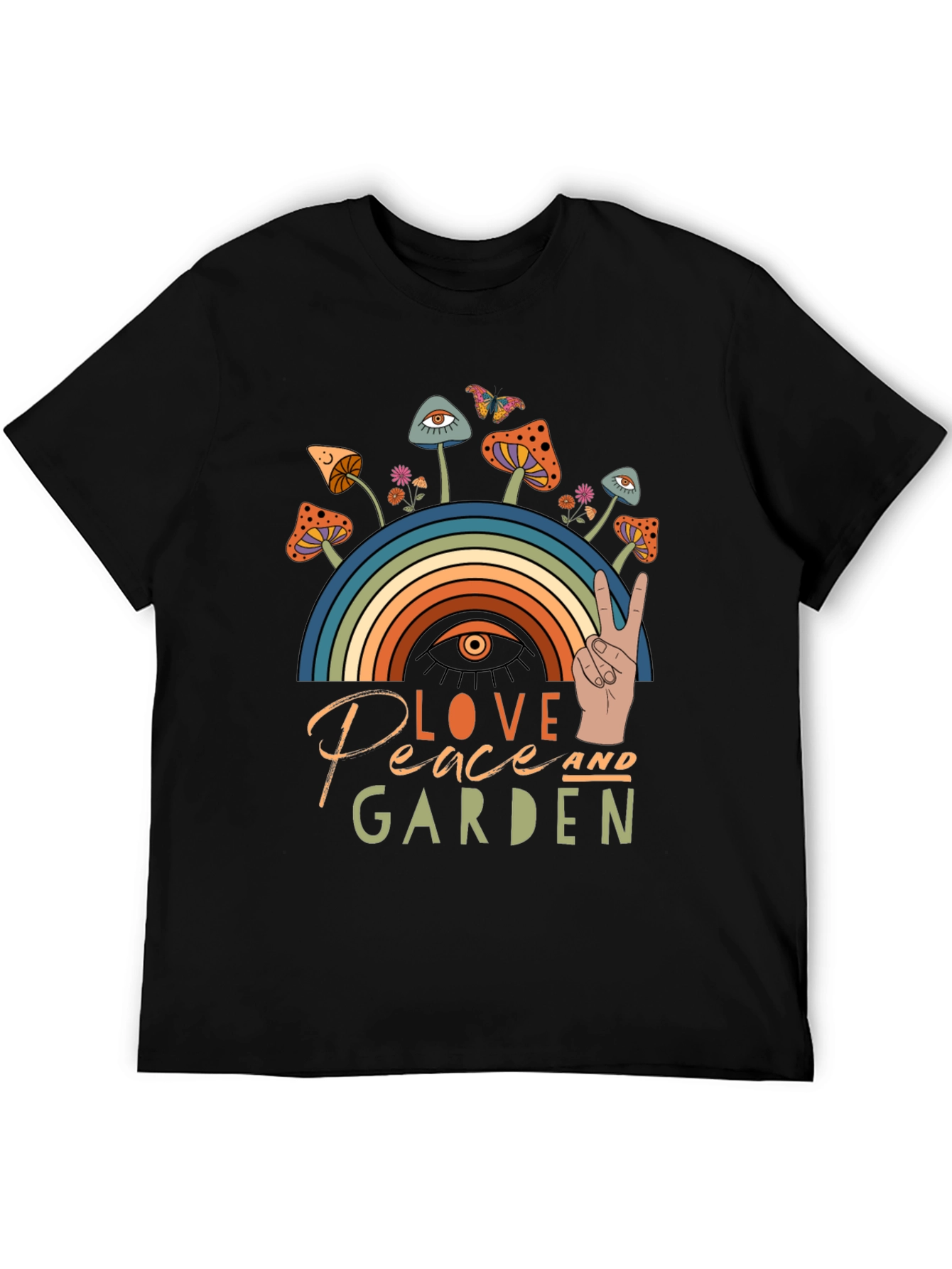 Love Peace Garden T-Shirt Mushrooms Rainbow