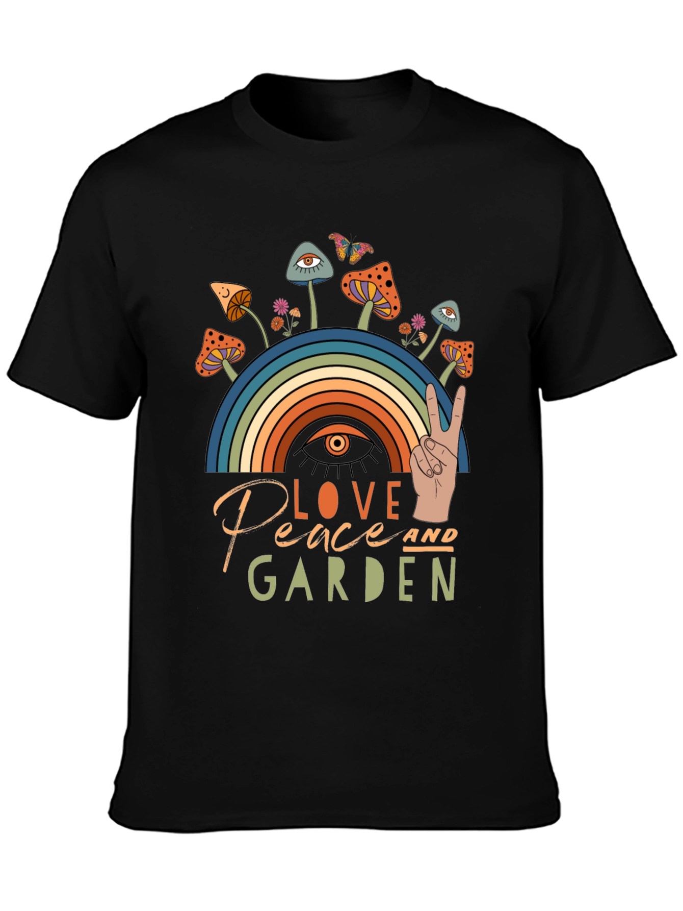 Love Peace Garden T-Shirt Mushrooms Rainbow