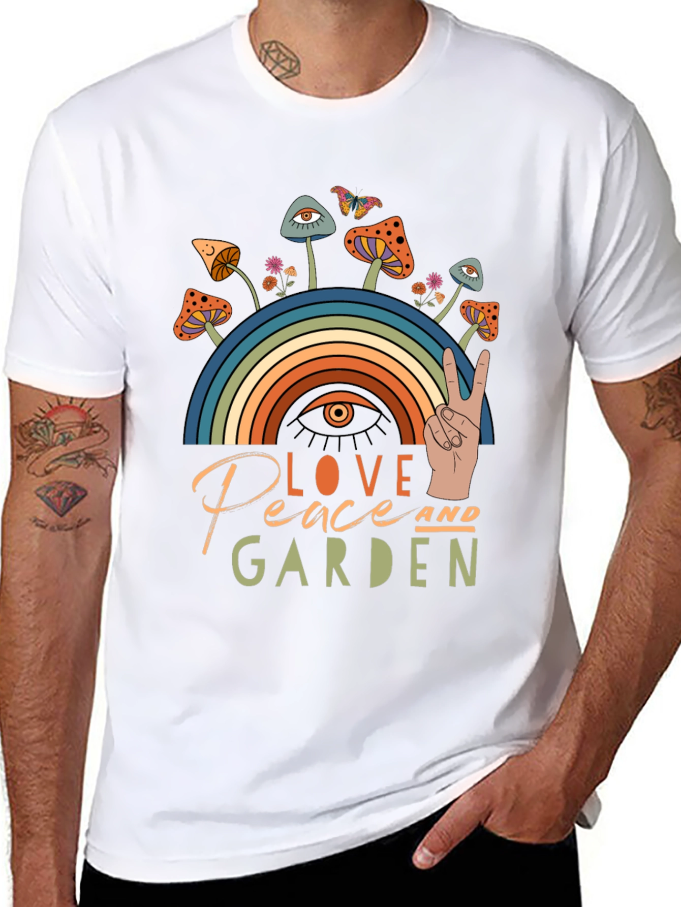 Love Peace Garden T-Shirt Mushrooms Rainbow