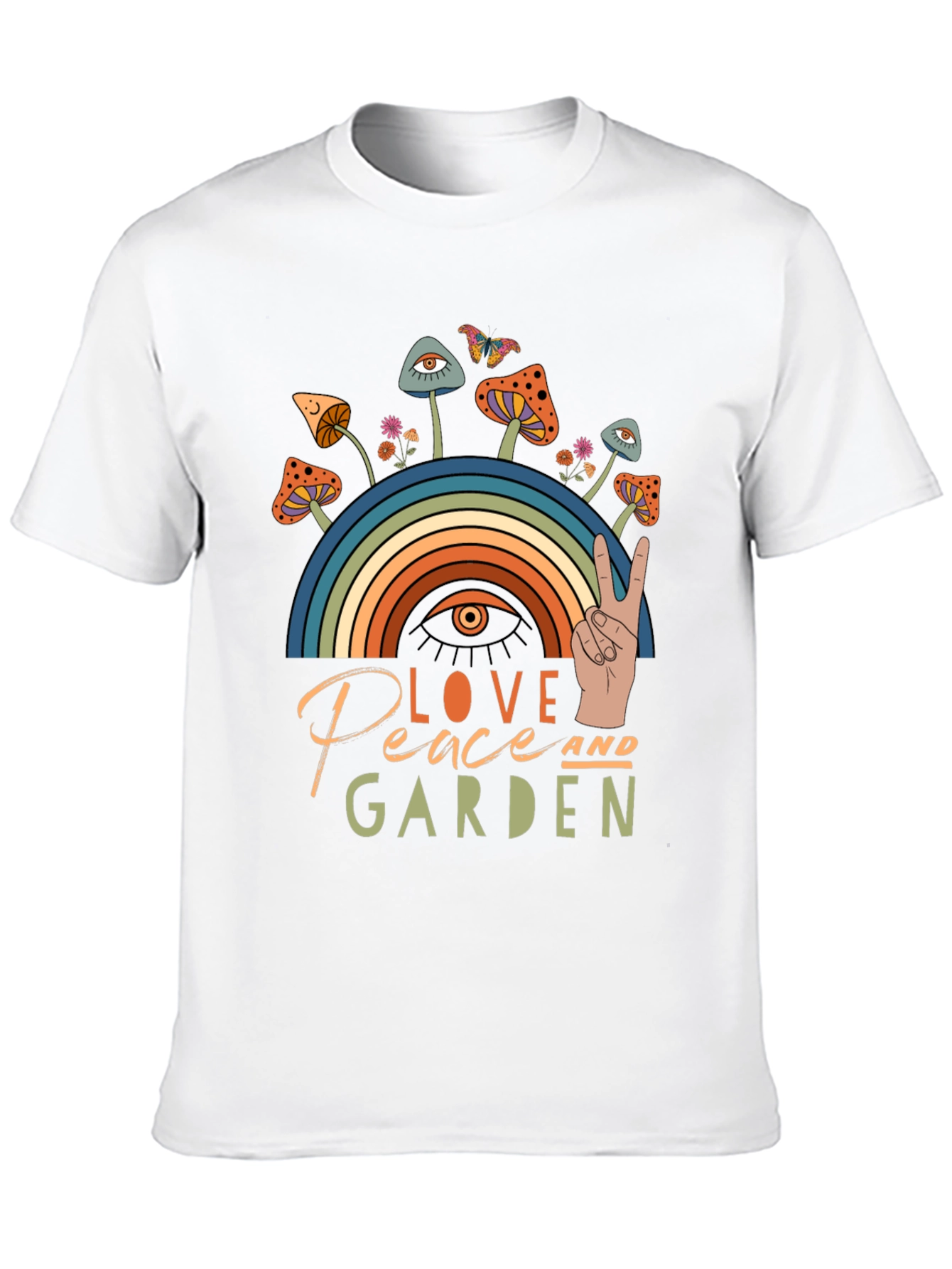 Love Peace Garden T-Shirt Mushrooms Rainbow