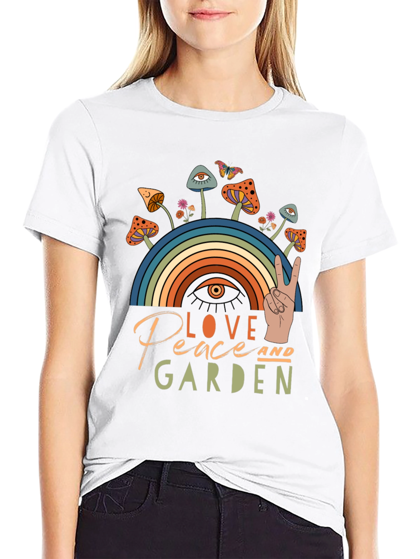 Love Peace Garden T-Shirt Mushrooms Rainbow