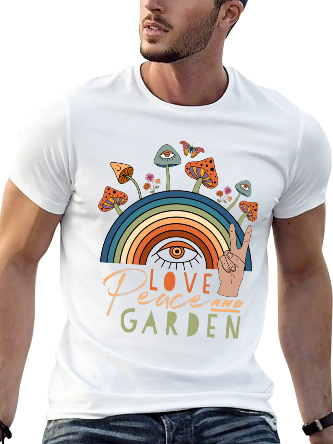 Love Peace Garden T-Shirt Mushrooms Rainbow