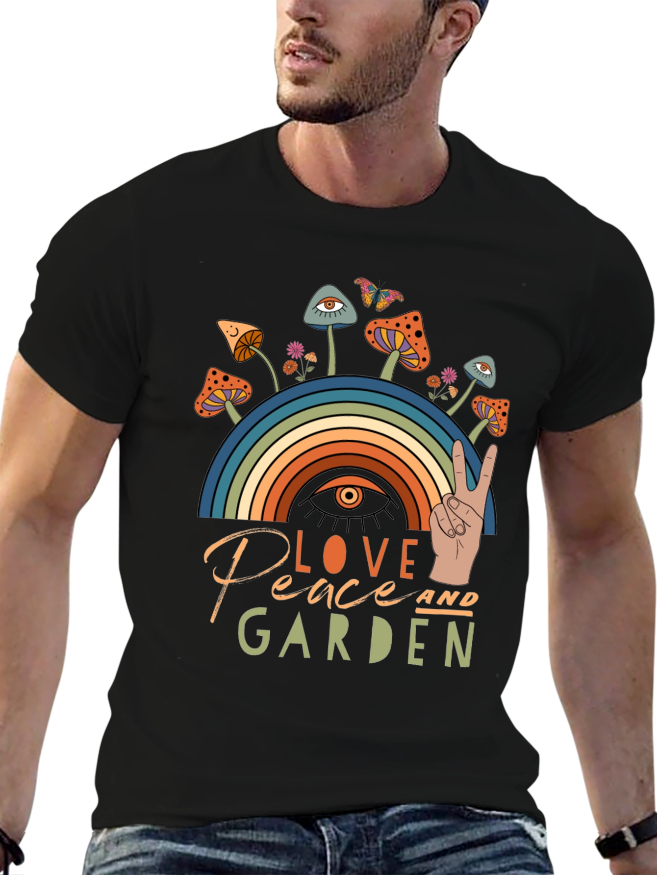 Love Peace Garden T-Shirt Mushrooms Rainbow