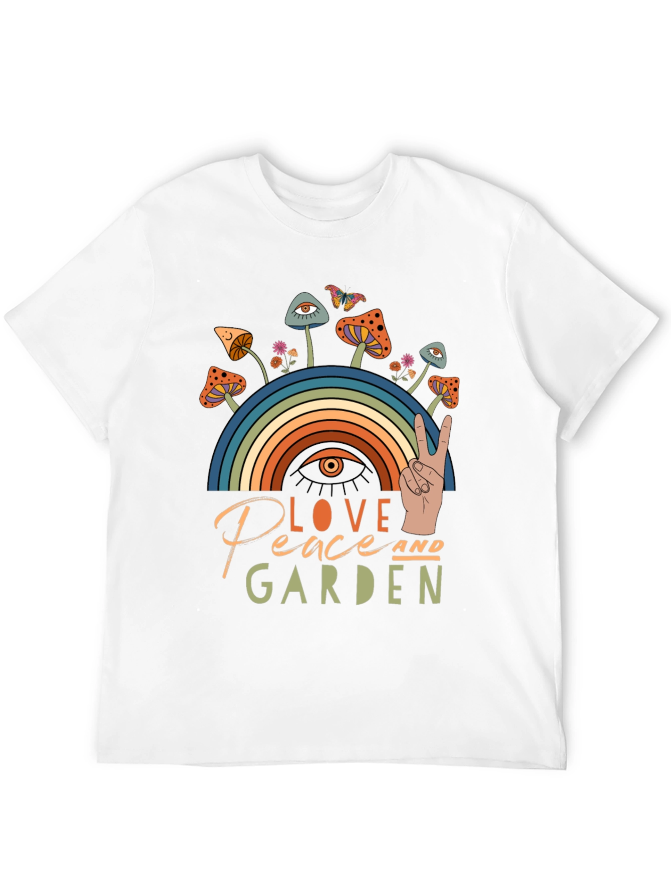 Love Peace Garden T-Shirt Mushrooms Rainbow
