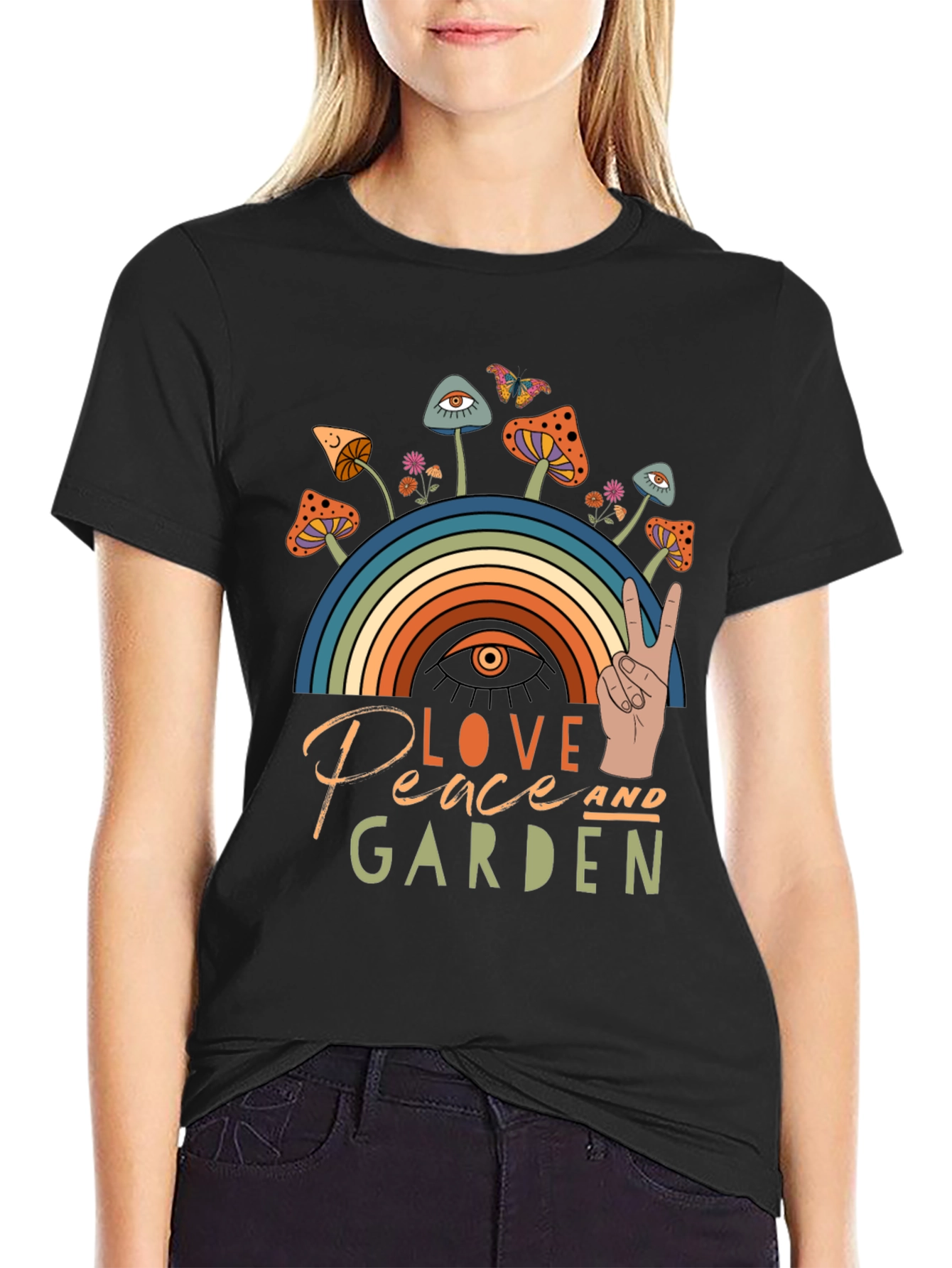 Love Peace Garden T-Shirt Mushrooms Rainbow