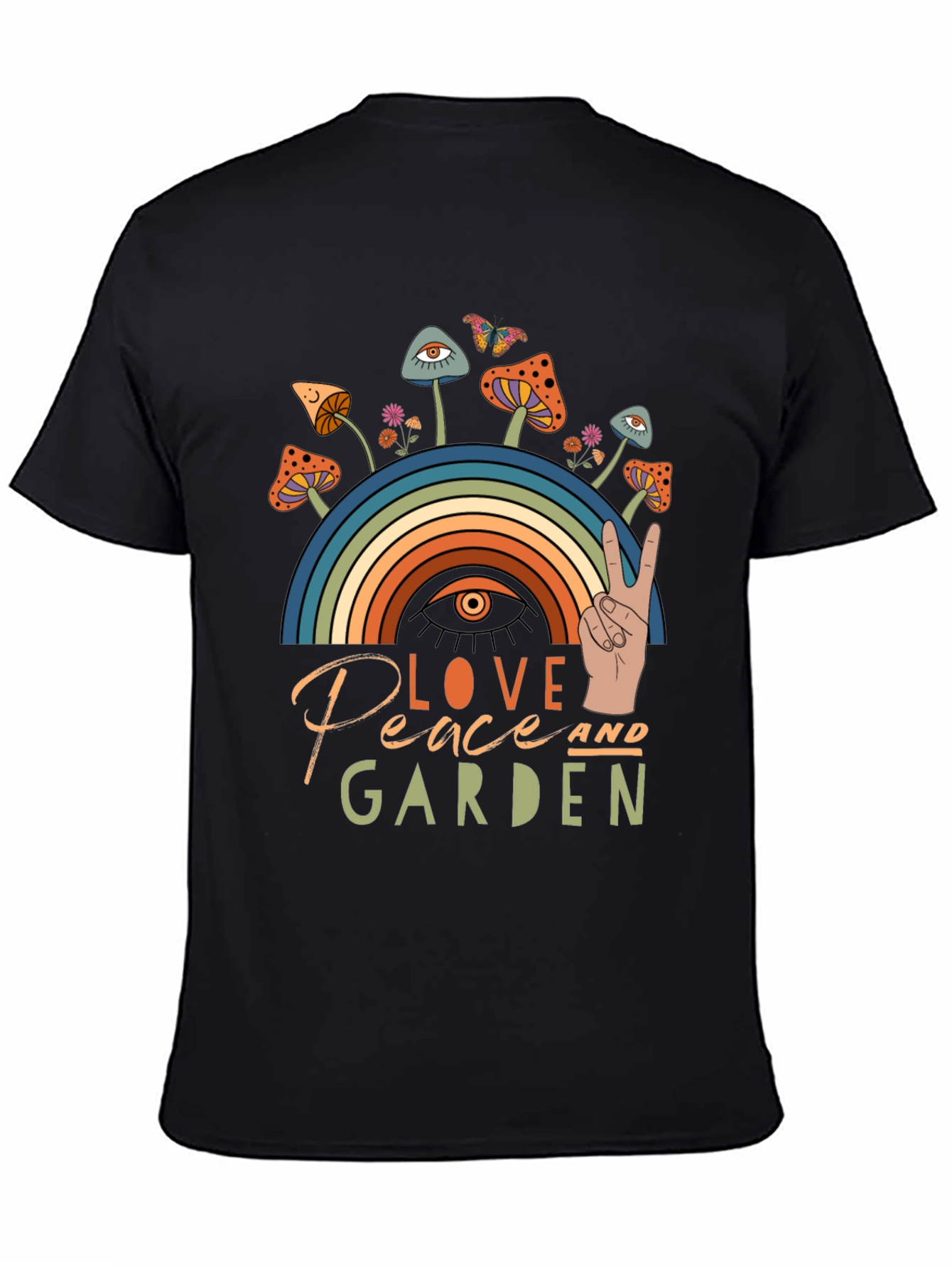 Love Peace Garden T-Shirt Mushrooms Rainbow