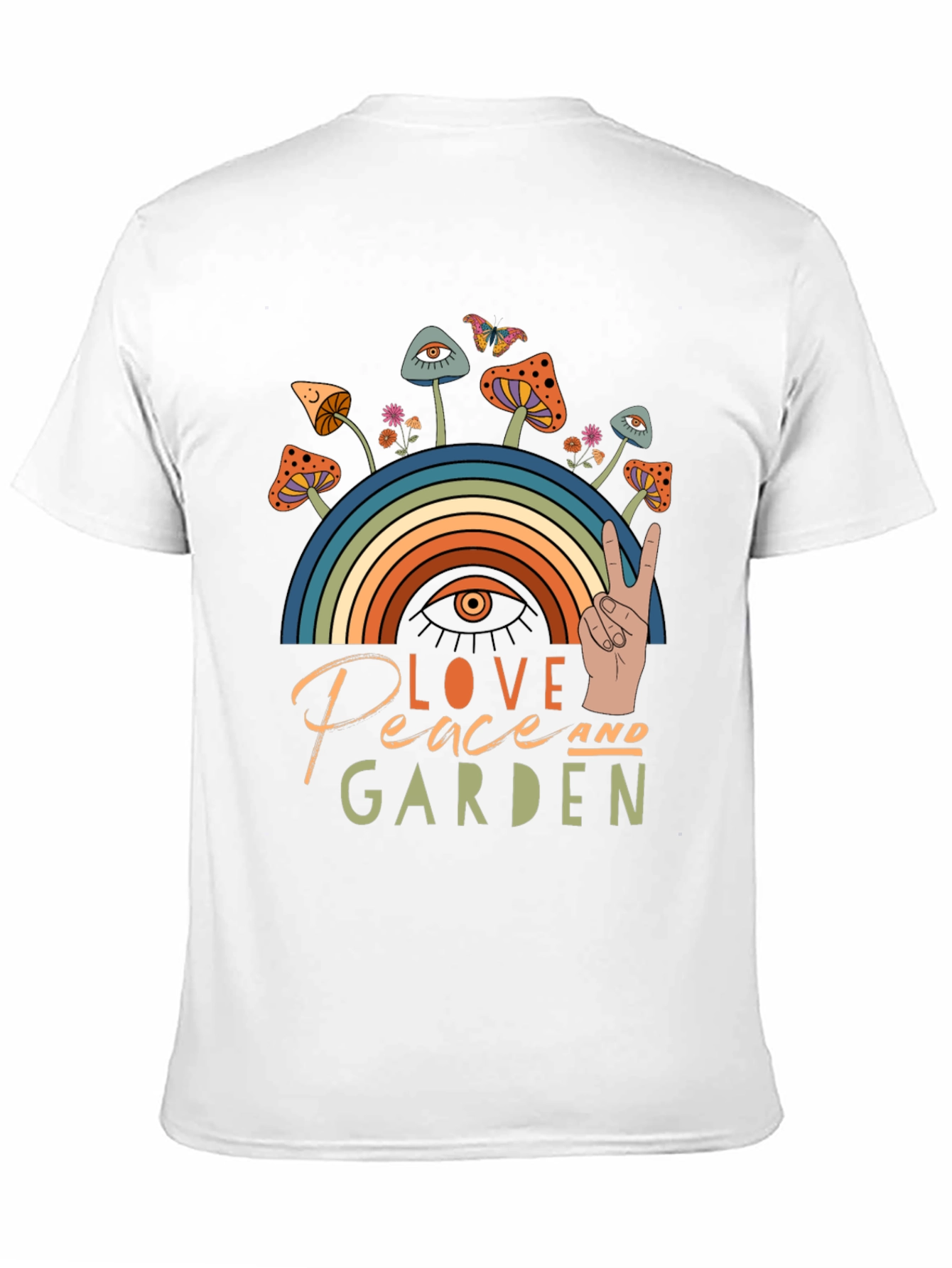 Love Peace Garden T-Shirt Mushrooms Rainbow